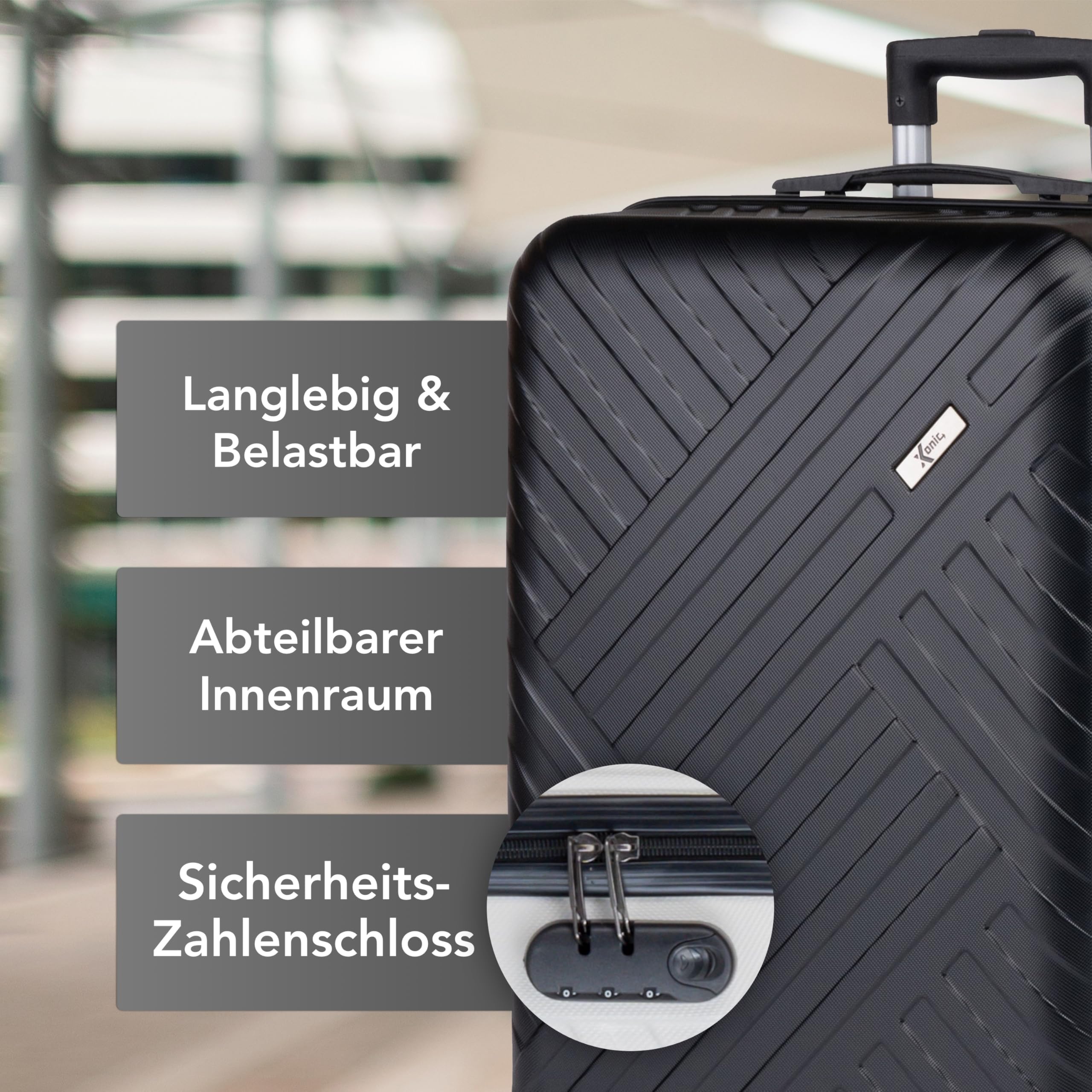 Xonic Design Reisekoffer ABS Hartschalen Trolley 360° Leichtlauf-Rollen Zahlenschloss Tiefschwarz L