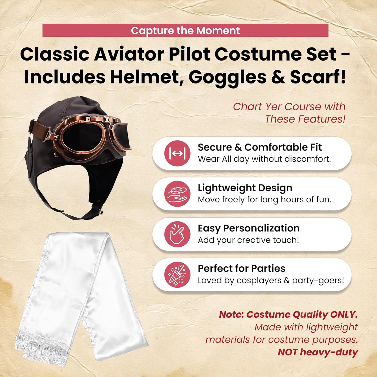 Deluxe Vinyl Retro Pilot Aviator Helmet Kit Flying Hat Goggles and Scarf Costume Set, One Size - Image 2
