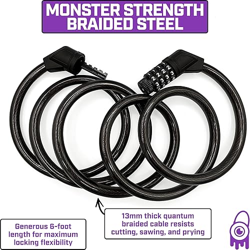Miniatura 3 de Monster Lock - Candado de cable de combinación reajustable de 6 pies - Acero trenzado de 0.512 in, revestimiento de vinilo resistente a la