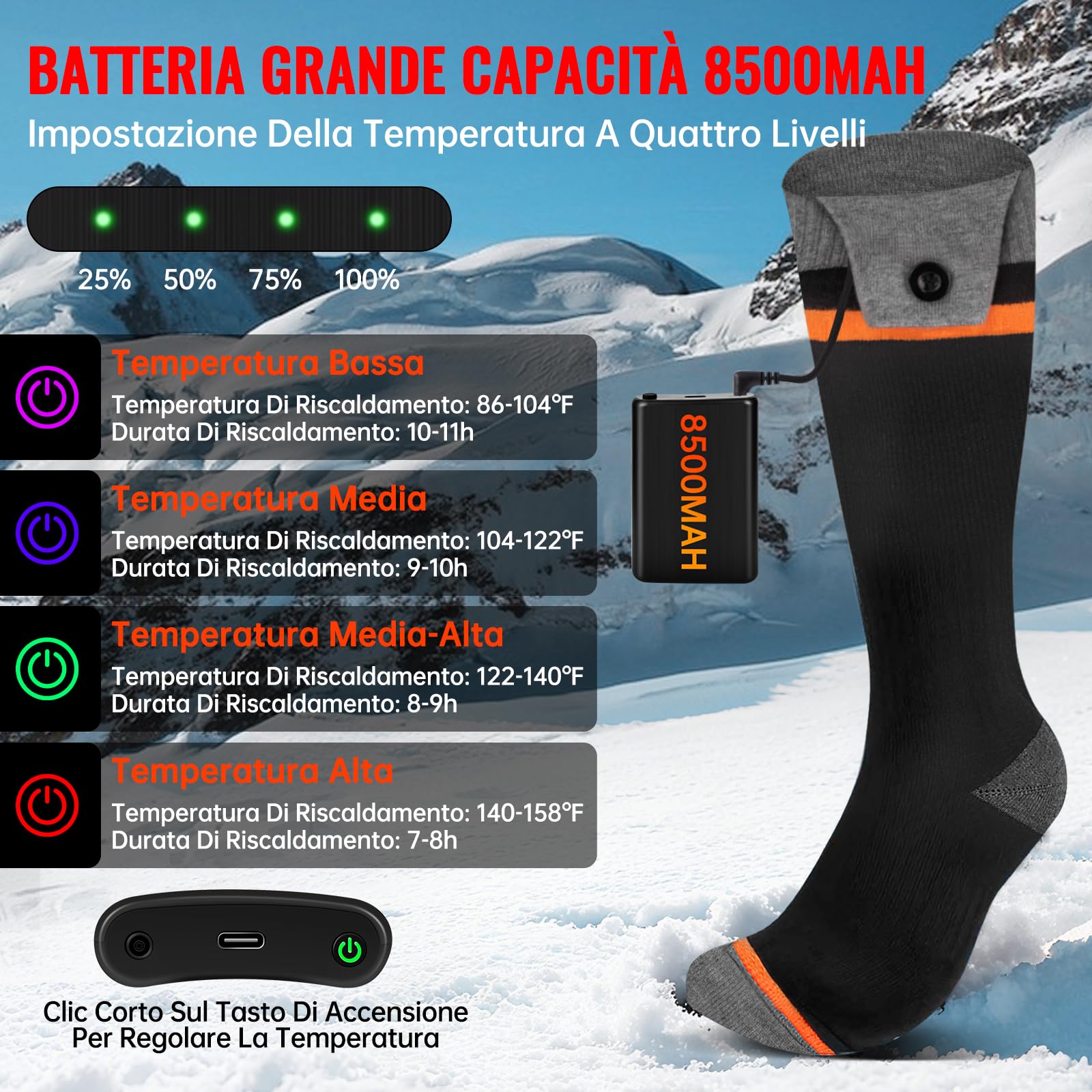 YOOHBERRYS Calze Riscaldate, Calzini Riscaldanti Elettrici con 8500mAh Rechargeable Batteria, Controllo Dell'app Fino a 70 Gradi, Elettricamente Heated Socks per Sci Campeggio Pesca Ciclismo