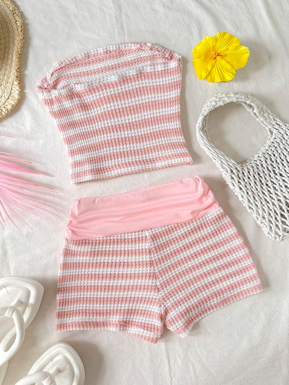 SOLY HUX Girl's Summer Clothes Striped 2 Piece Set Knit Crop Tube Top and Shorts Kids Vacation Outfits