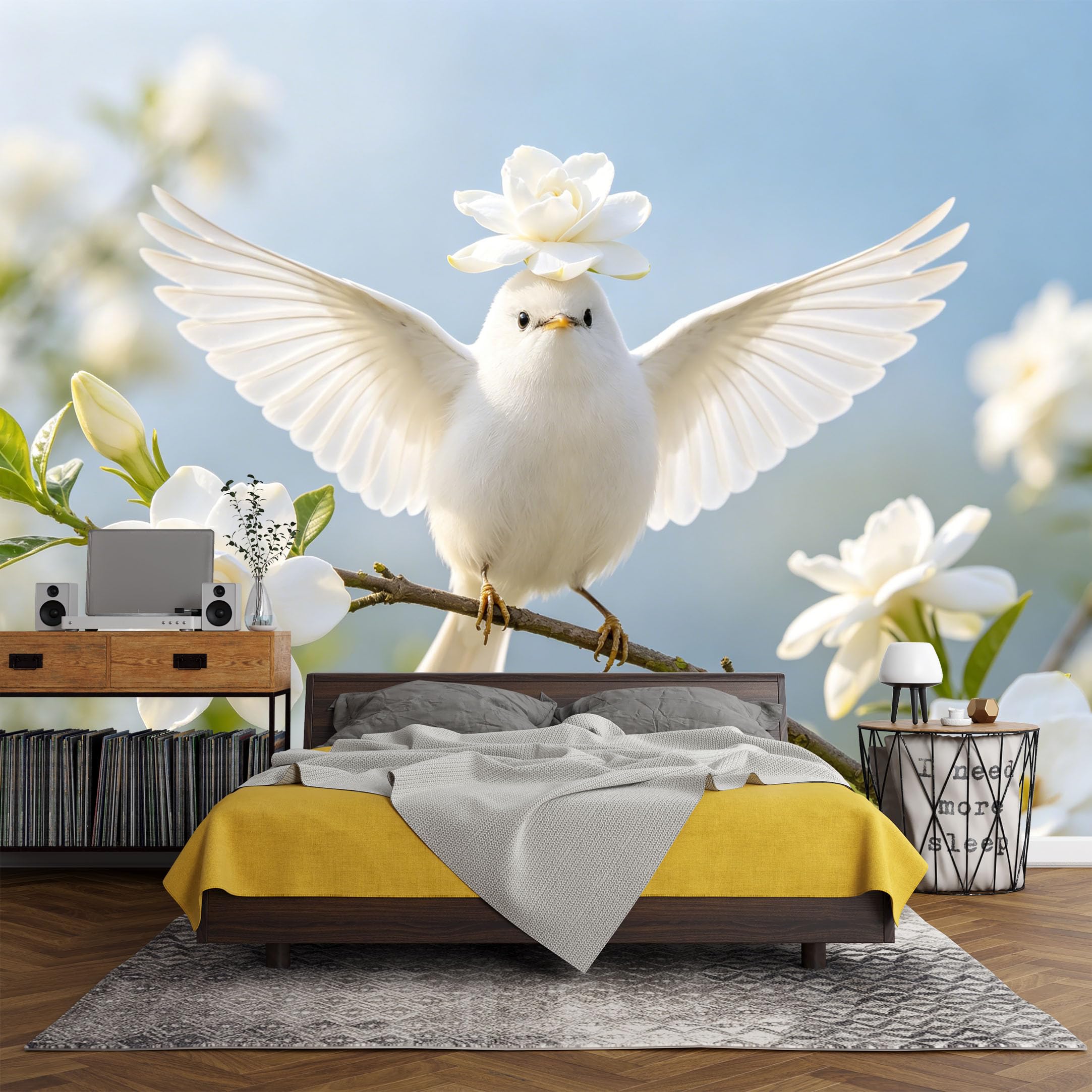 Custom Size Wall Mural White Bird Gardenia Flower Botanical，SelfAdhesive Art Prints wall Fabric（No PVC） Removable Wallpaper Living Room Decor Aesthetic Modern Wall Art