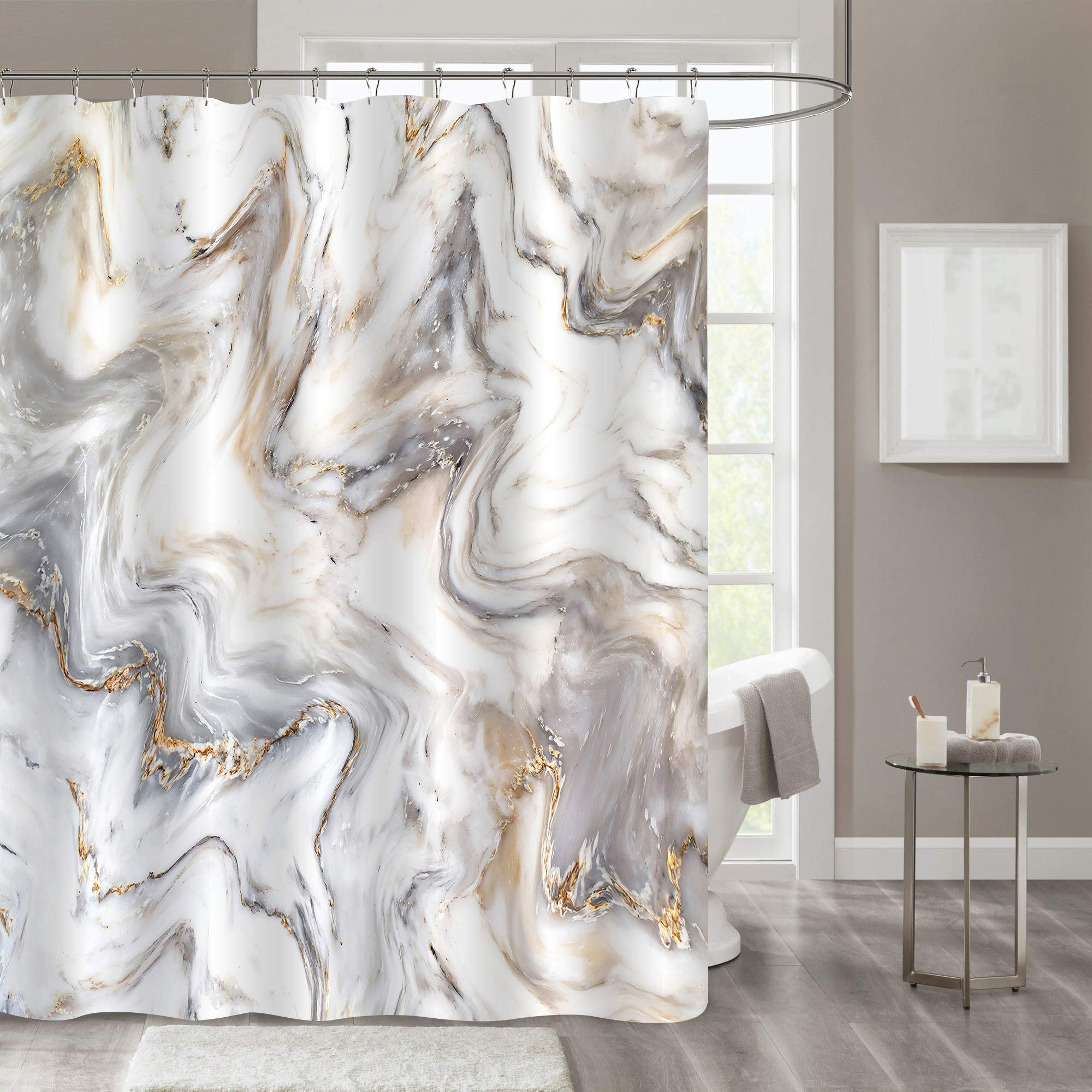 Gibelle Grey Gold Marble Shower Curtain, Abstract Neutral Shower Curtain for Bathroom Decor, Modern Luxury Art Waterproof Fabric, Unique Bath