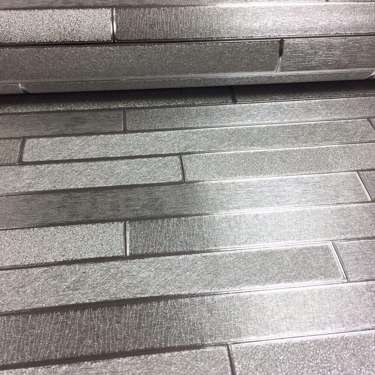 Yöl Silver Foil Slate Brick Effect Metallic Textured Bathroom Kitchen Wallpaper 294600