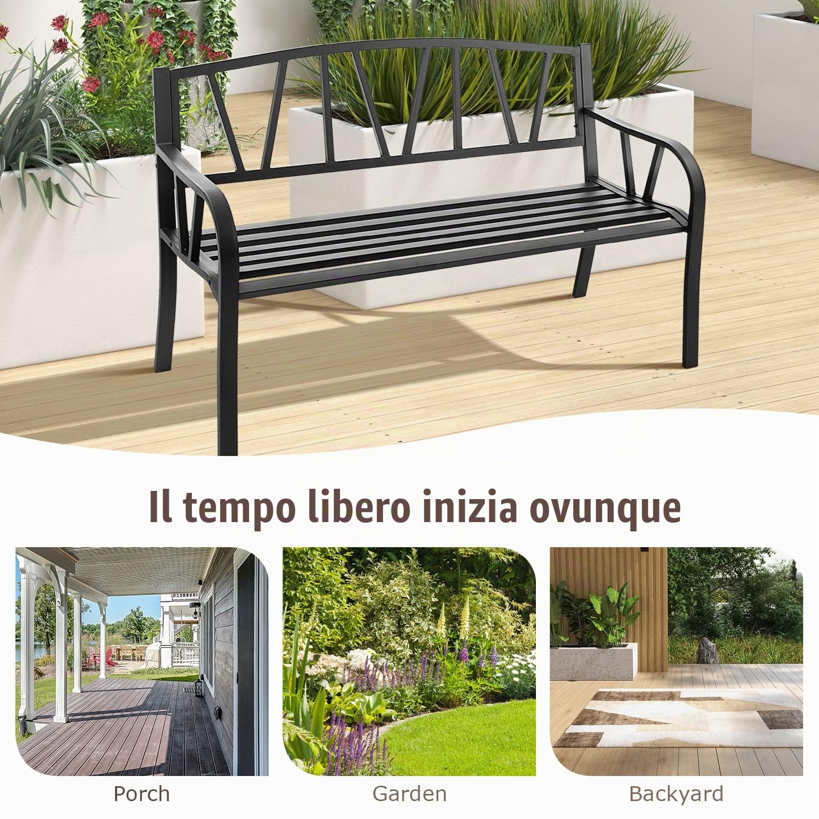 KOMFOTTEU Panca da giardino a 2 posti, metallo, carico 300 kg, 01, 128 x 55,5 x 86 cm | Panca da parco con schienale, Sedia da parco, per balcone, terrazza, nero