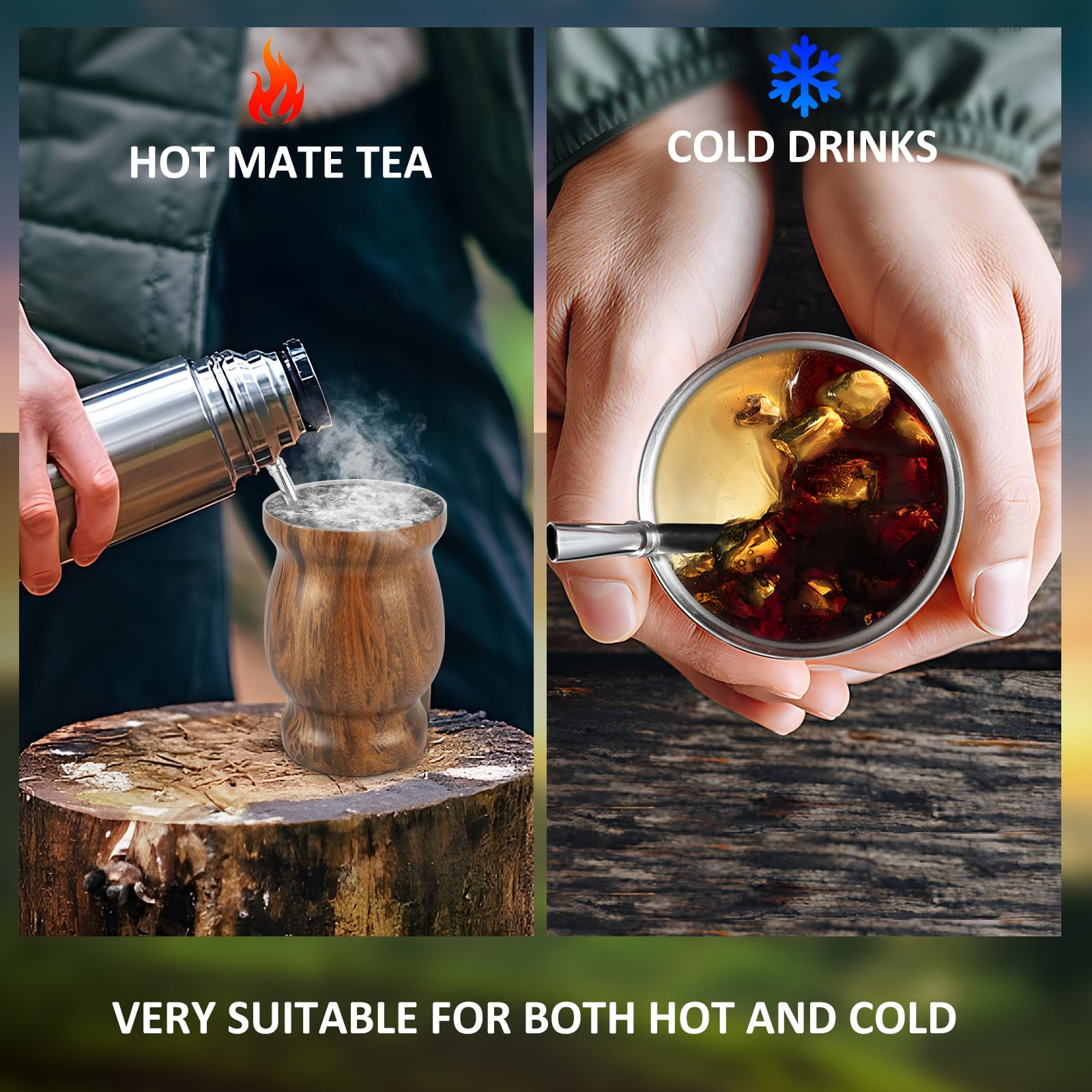 HSHGZSR Mate Tea Cup Set with Straw Spoon Straw Brush Stainless Steel Insulated Yerba Mate Teacup Water Mate Cup Flat Straw and Lid Yerba Mate Gourd Cup for Mate Tea Coffee (Wood Grain)