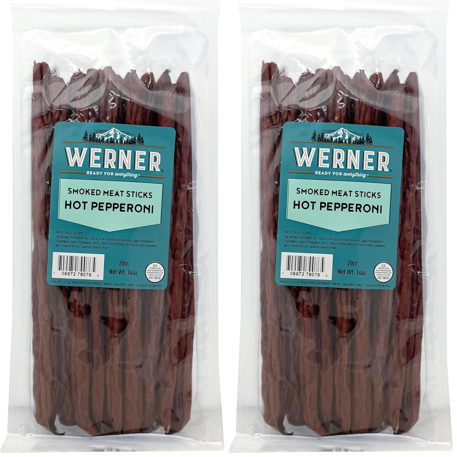 Werner Hot Pepperoni Smoked Meat Sticks - 20 Pork and Beef Sticks Bulk Pepper Meat Snacks 14 Ounce (20 Individual Sticks) (Pack of 2)
