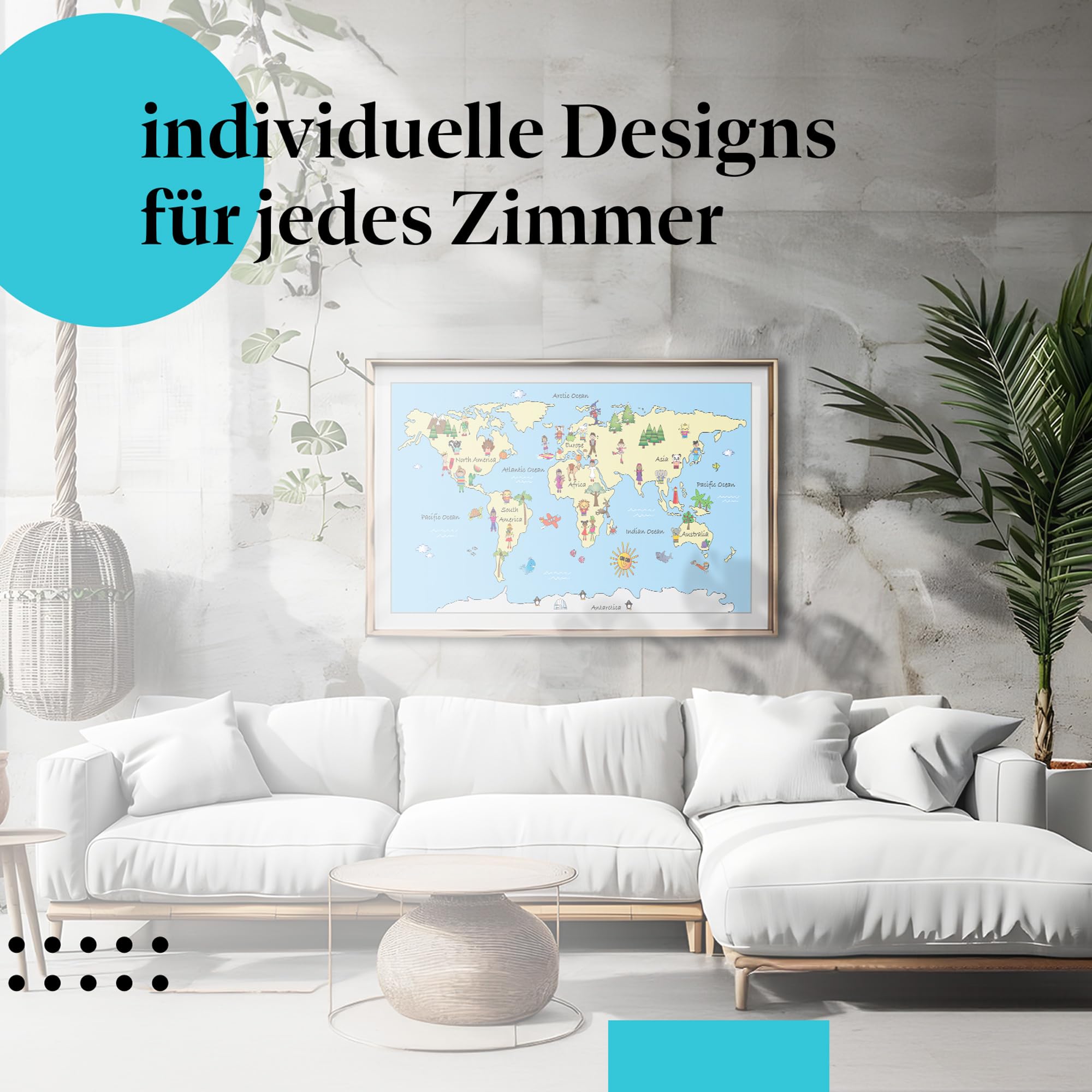 Postereck - 2353 - Weltkarte, Kontinente Kinderzimmer Schule Lernen - Kinder Kinderzimmer Kinderbild Wandposter Fotoposter Bilder Wandbild Wandbilder - Leinwand - 100,0 cm x 75,0 cm