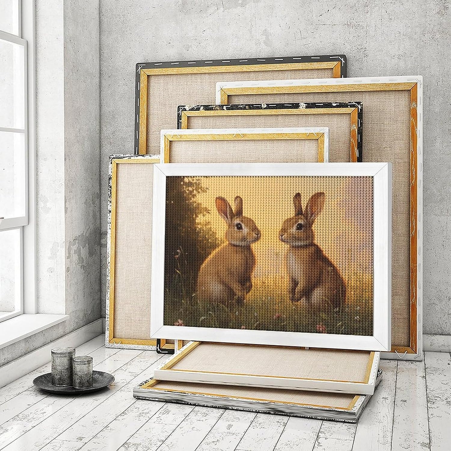 Wild Rabbits Hares Printed Diamond 5D Painting Kit 16x20in DIY Full Drill Craft with Tools for Home Wall Decor Gift White Wood 50 * 40cm