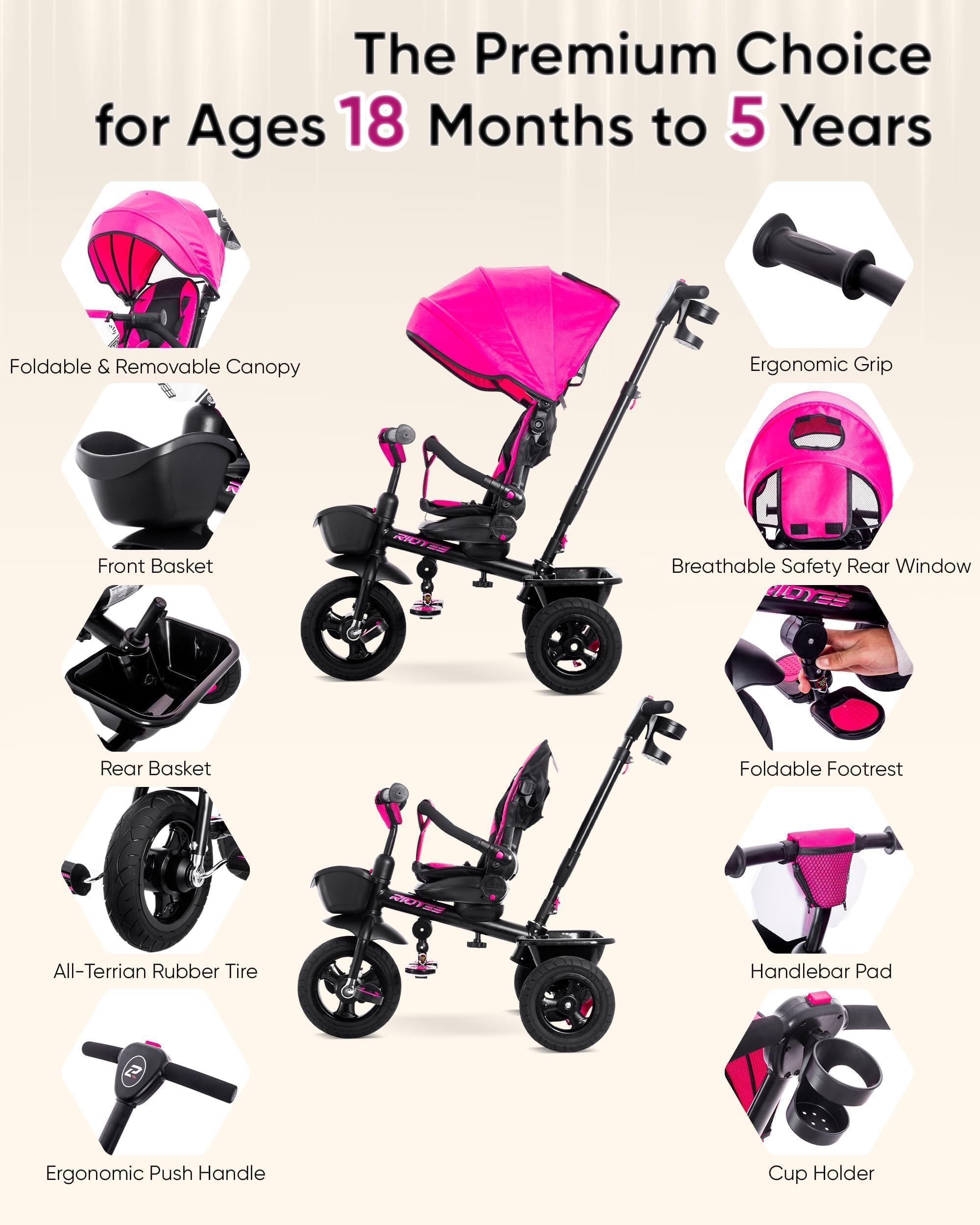 RIDYEE - Triciclo 7 en 1 para 18 meses a 5 años, neumáticos de goma todo terreno, frenos de rueda dobles, asiento giratorio para niños de 1.5 a 3, triciclo para niños de 3 a 5 años con calcomanías
