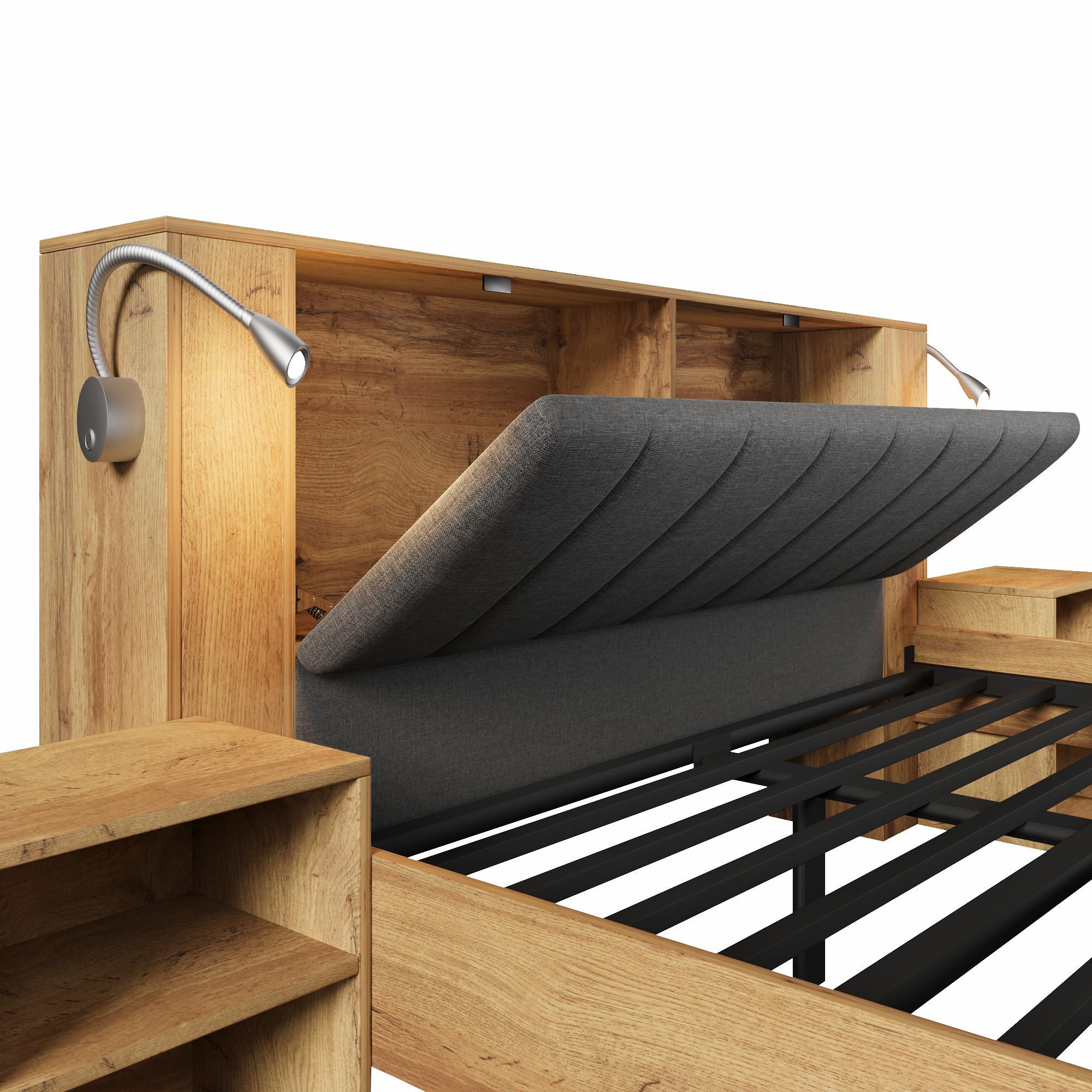 Moimhear Doppelbett, Holzbett, mit klappbarem Kopfteil aus Leinenstoff, Zwei Nachttische Bettbank mit Stauraum Leselampen, mit USB, Eiche Farbe (180x200cm)