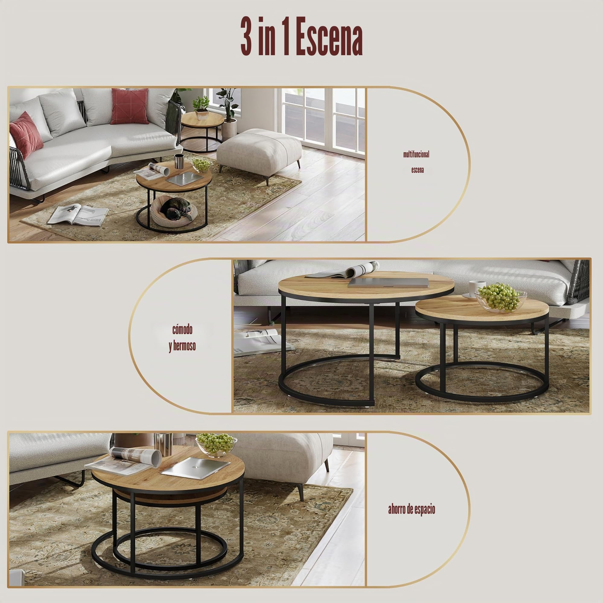 Mesa de Centro Redonda Juego de 2 Mesas Nido 70/50 cm con Tablero Madera y Estructura Metálica Negra, Mesa Auxiliar Moderna para Salón