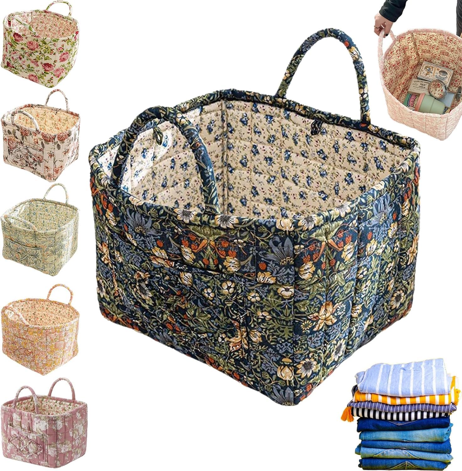 Boho Fabric Storage Basket, Boho Floral Laundry Baskets, Large Capacity Fabric Storage Basket, Decorative Storage Baskets, Portable Folding Storage Bag for Clothes & Sundries (Navy Blue)