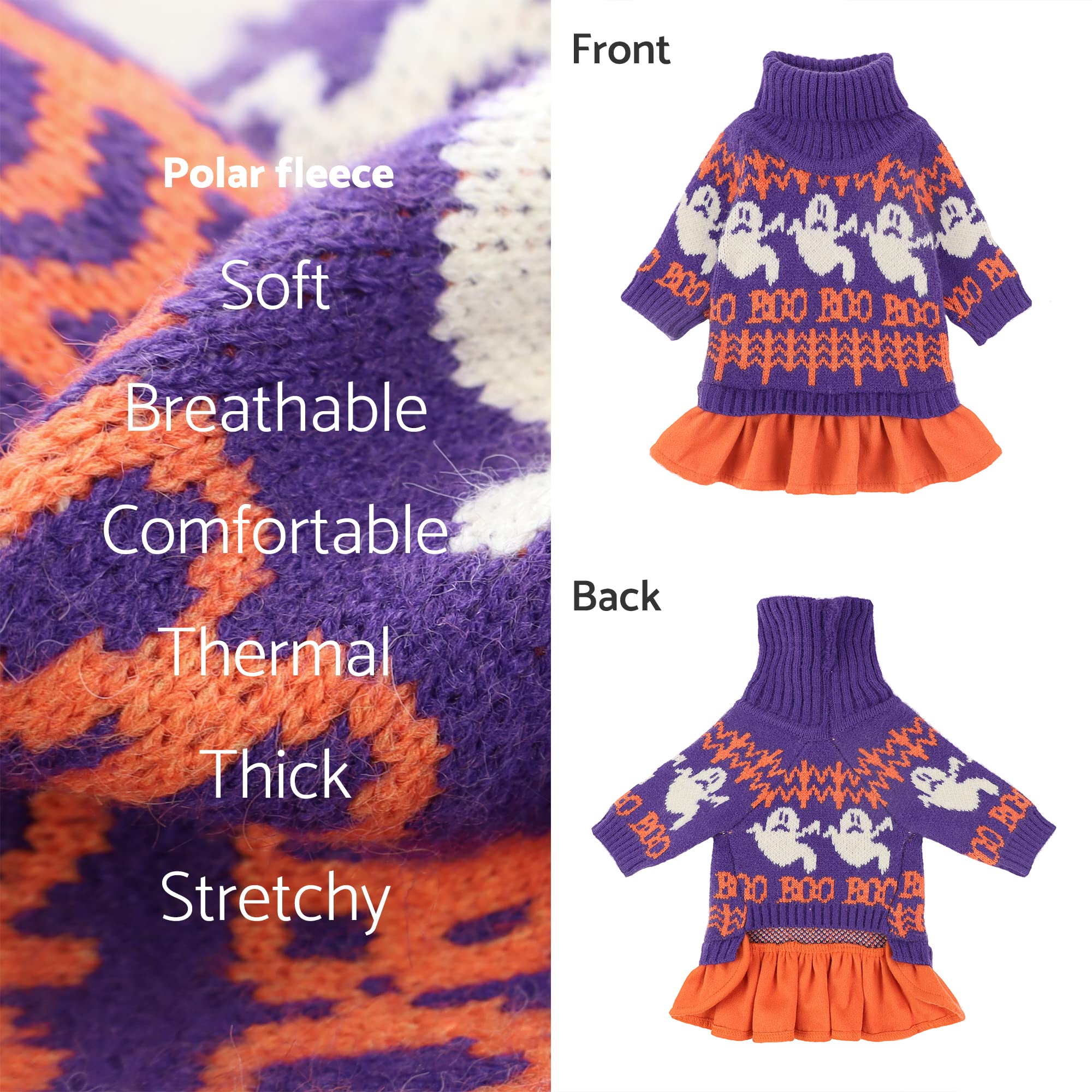 Fitwarm Vestido de suéter de Halloween espeluznante para perro, disfraces temáticos de vacaciones, ropa para perros pequeños, ropa para gatos, morado, S