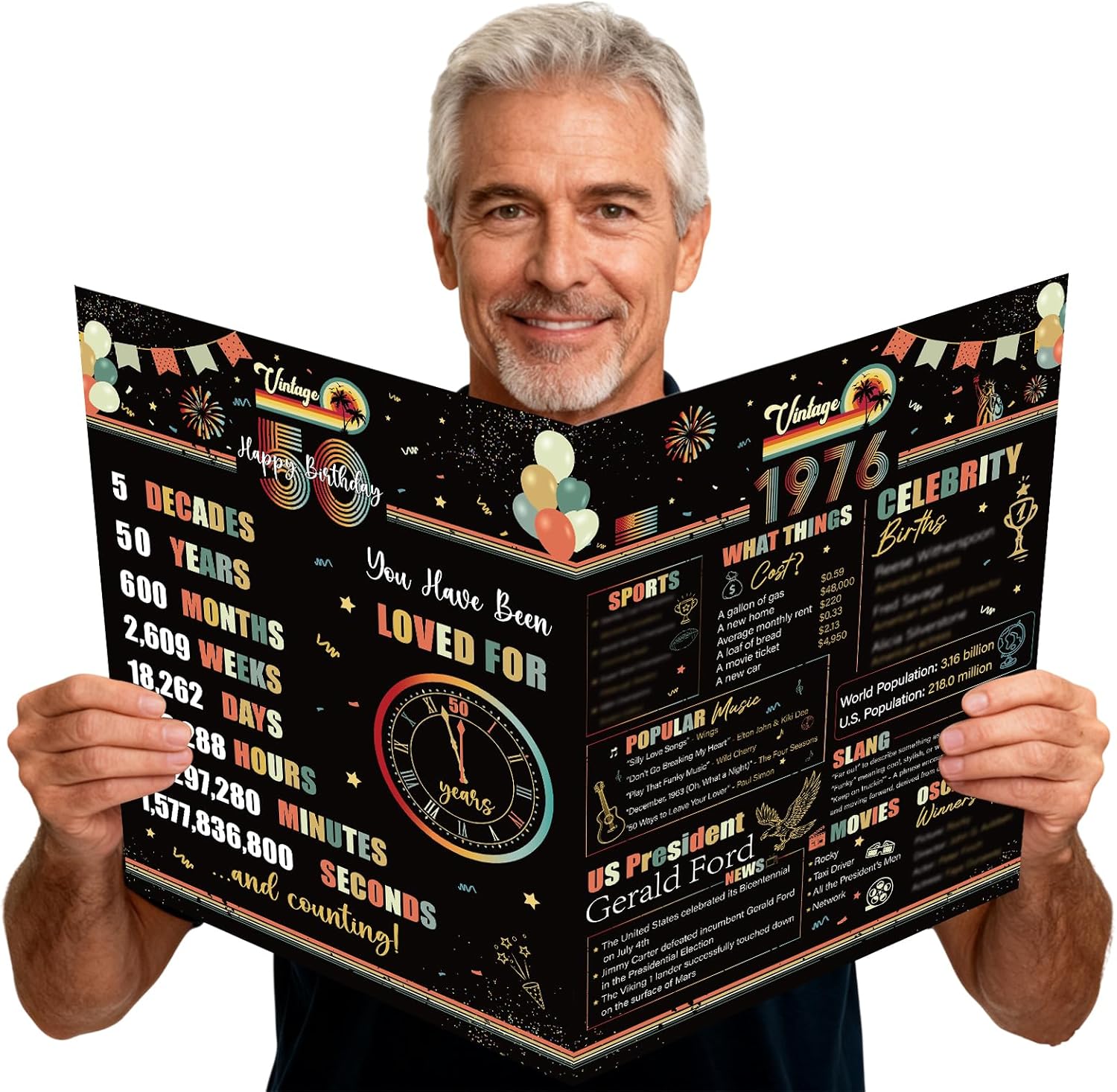 50th Birthday Card With Envelope - Vintage 1976 Birthday Giant Guest Book Gifts for Men Women, Happy 50 Fifty Years Old Bday Greeting Card Party Decorations Supplies