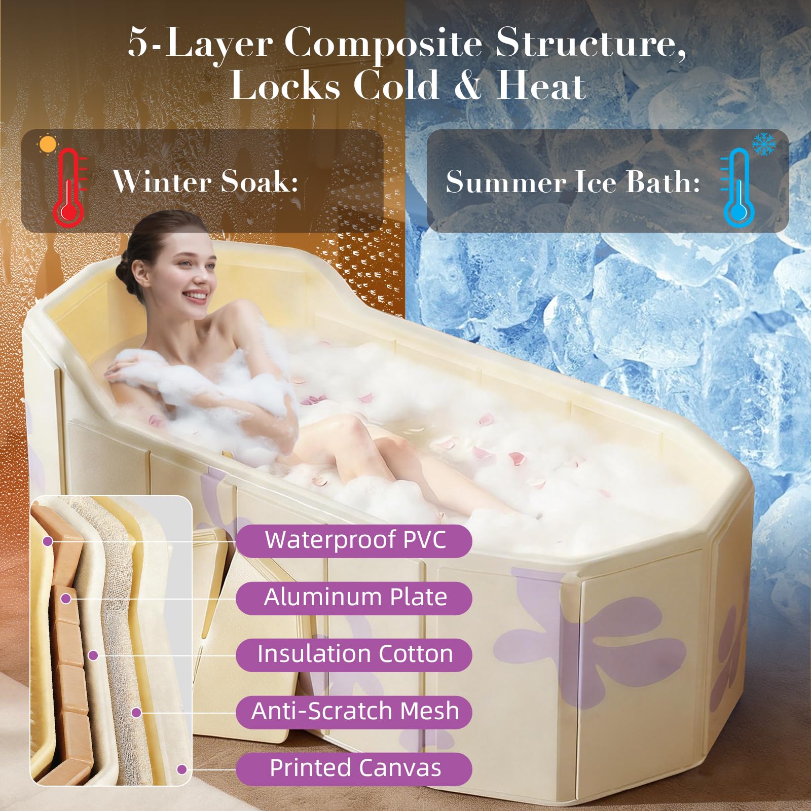 1,4 m Baignoire Pliable Adulte avec Dossier, 140 X 55 X 55 cm Baignoire Pliante Adulte Portable, Bain Froid et Chaude, pour Spa, Sauna, Douche en Couple, avec Coussin et Tuyau de Vidange