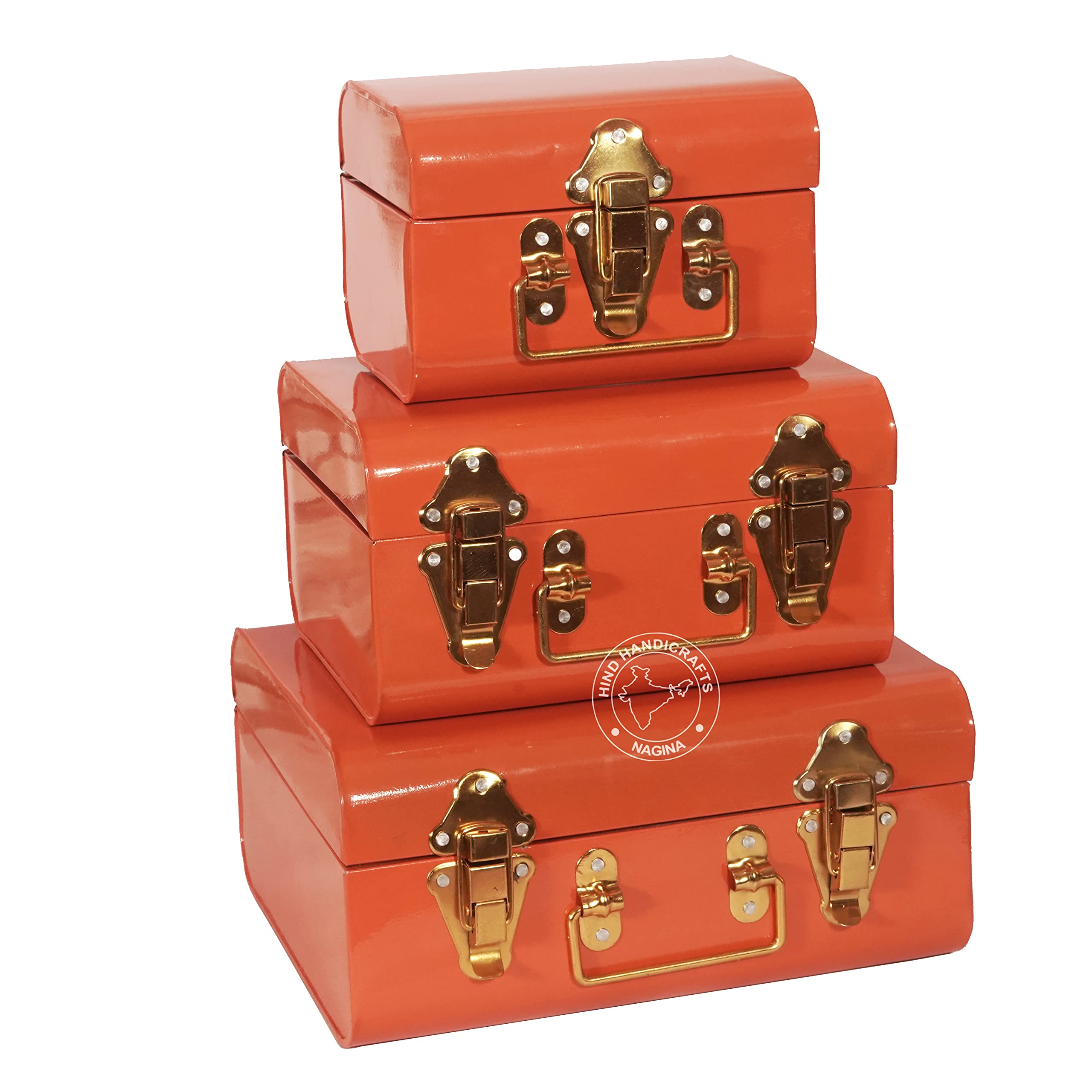 Hind HandicraftsVintage Style Metal Trunk Jewellery & Trinket Storage Box - Multipurpose Space Saving Organizer Home Dorm & Office Use (Orange, Set of 3)