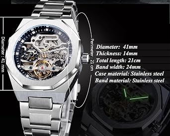 Tourbillon Design Men's Analog Automatic Wrist Watch Mechanical Stainless Steel Bracelet Skeleton Male Watch, Silver Black