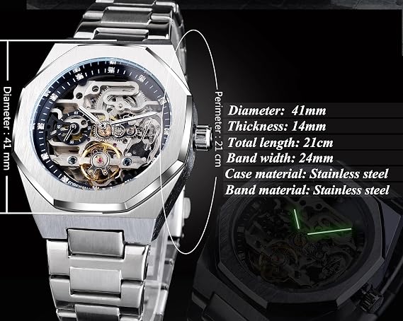 Tourbillon Design Men's Analog Automatic Wrist Watch Mechanical Stainless Steel Bracelet Skeleton Male Watch, Silver Black