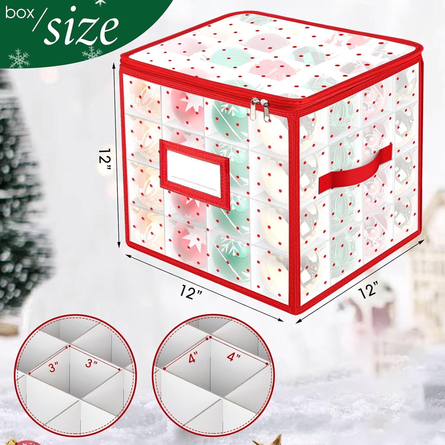 Christmas Ornament Storage Box with Adjustable Dividers, Store up to 64 3-inch or 36 4-inch Christmas Ornaments, Plastic Xmas Storage with Zippered Closure & Two Handles - Image 2