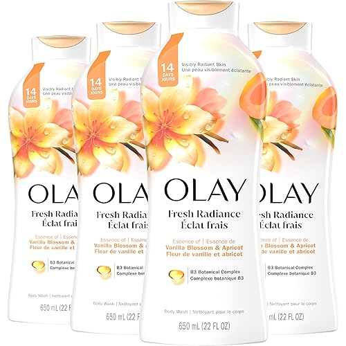 Olay Body Wash for Women, Fresh Radiance, Refreshing & Renewing, Made with Plant Based Cleansers, B3 Botanical Complex, For All Skin Types, Vanilla Blossom & Apricot Scent, 22 fl oz (Pack of 4)