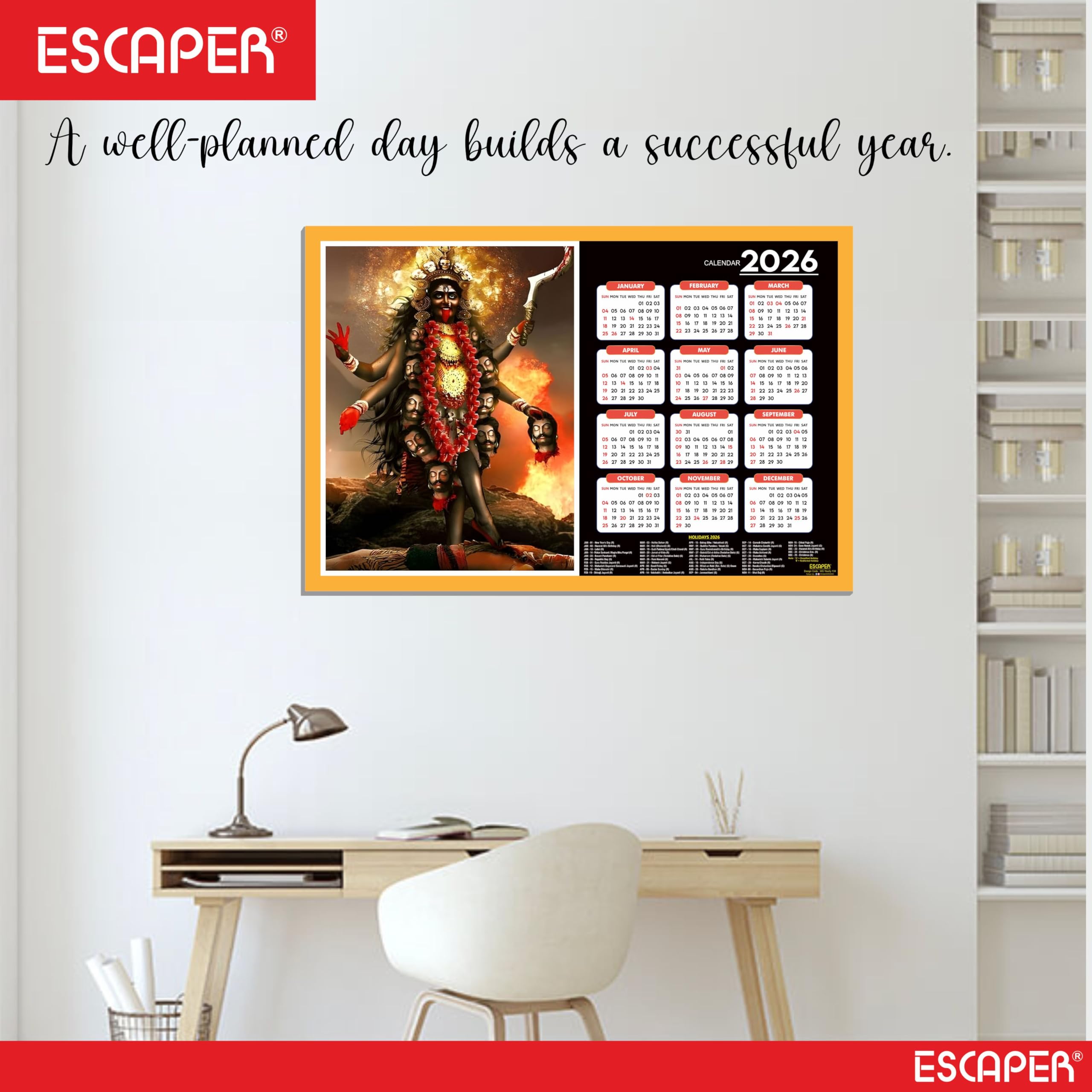 ESCAPER Göttin Lakshmi Wandkalender 2026 - 45 x 30 cm, Laxmi Ji, Laxmi Devi, Durga, Saraswati & Kali Mata Fotos, religiöser Wandkalender für Zuhause, Büro & Pooja Zimmer