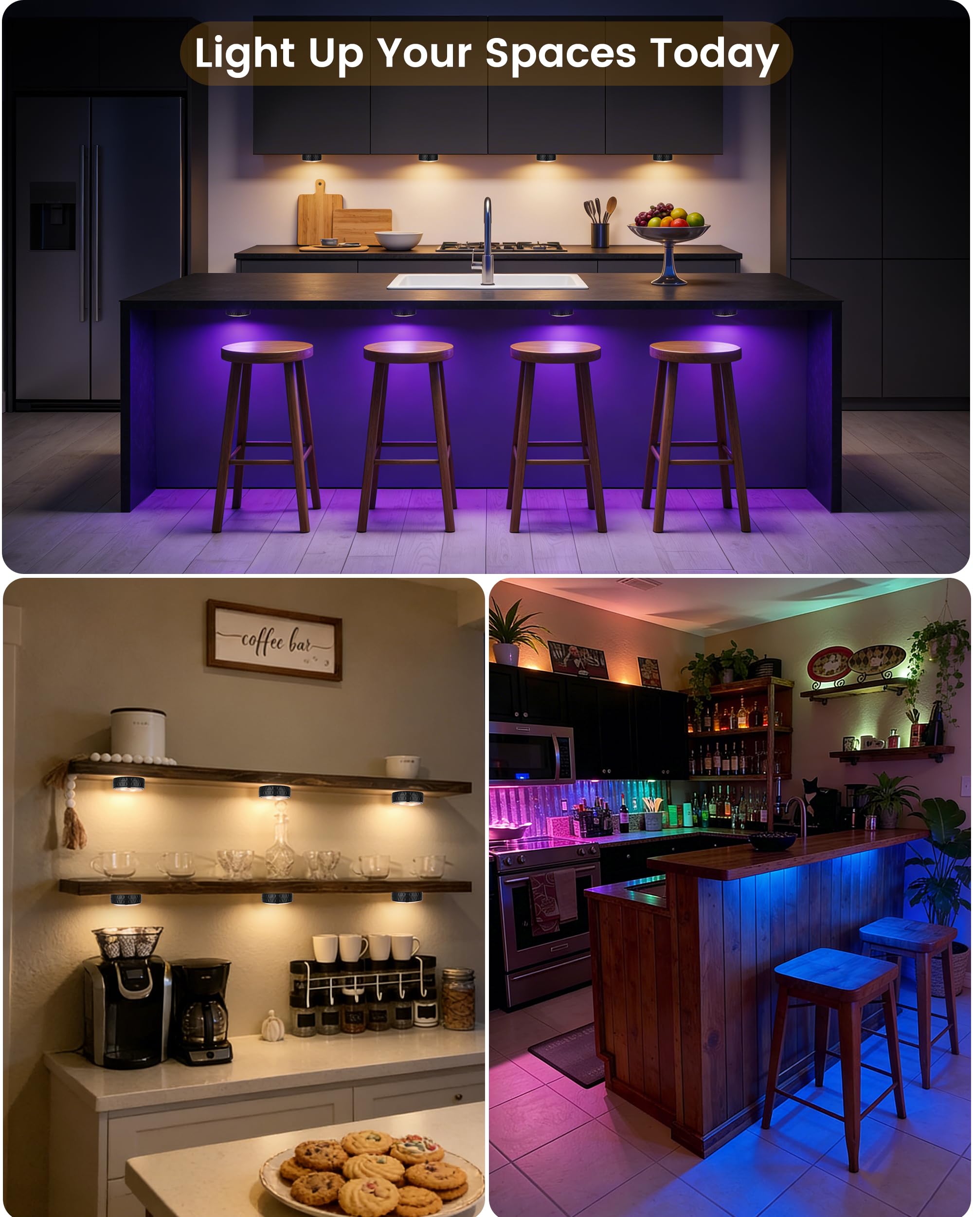 Luci LED Puck a batteria, luci senza fili per armadio, luci da incasso, con telecomando, cambiano colore sotto le luci da cucina, libreria, confezione da 2, colore nero