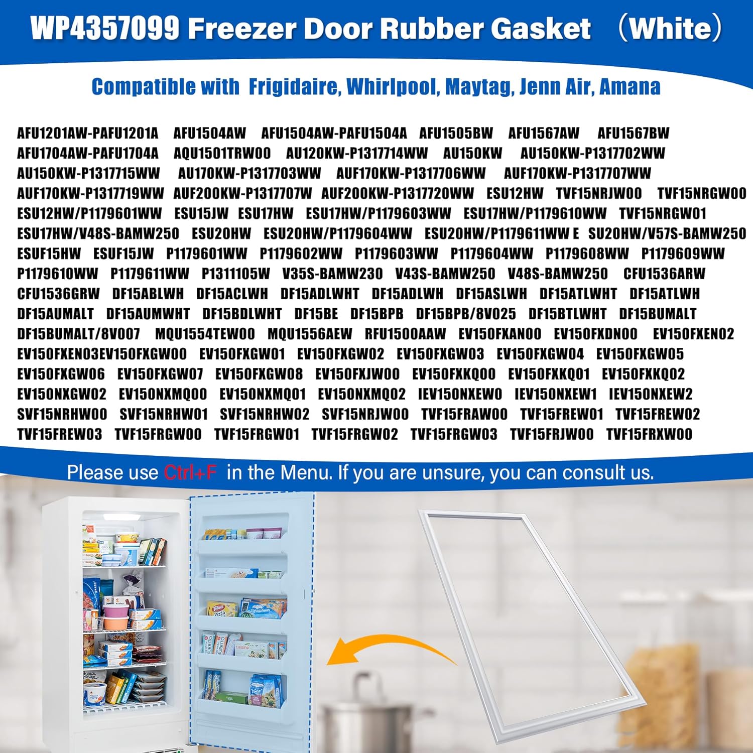 Upgraded 29.4×54.5 WP4357099 Freezer Door Gasket Replacement Compatible with Amana Frigidaire Whirlpool, 4357099 Refrigerator Gasket Replace 047526-01 047526-02 047526-03 Fridge Seal