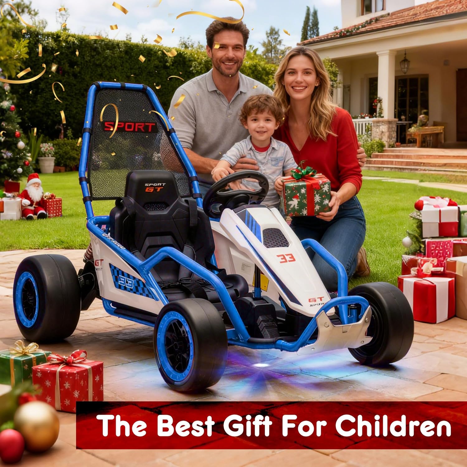24V 8.5 MPH Electric Go Kart for Kids, 400W Powerful Drift Kart w/Front EVA Wheel & Metal Frame, Ride on Toy w/Music & Lights, Suspension, 2 Speed, 5 Point Harness, Crazy Cart for Ages 6+, Blue