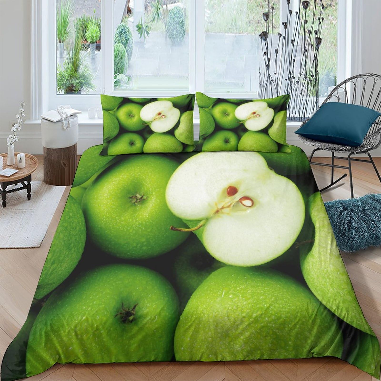 Housse de couette pomme verte parure de lit fruit 3D 3 pièces 220x240 cm