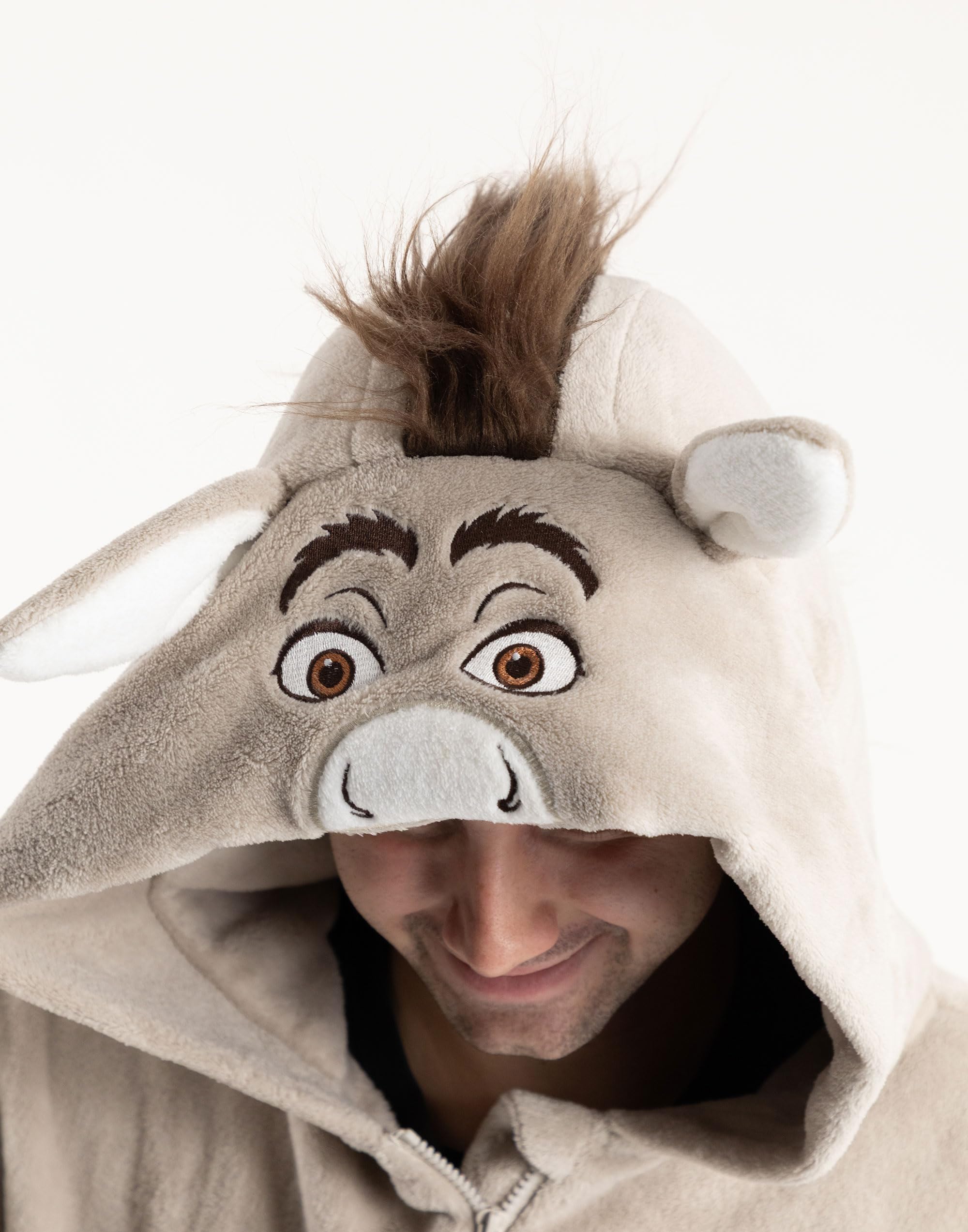 Shrek Mono Unisex Beige de Forro Polar con Estampado de Burro | Pijama con Capucha 3D y Cremallera | Ideal para Fiestas de Disfraces y Noches de Cine