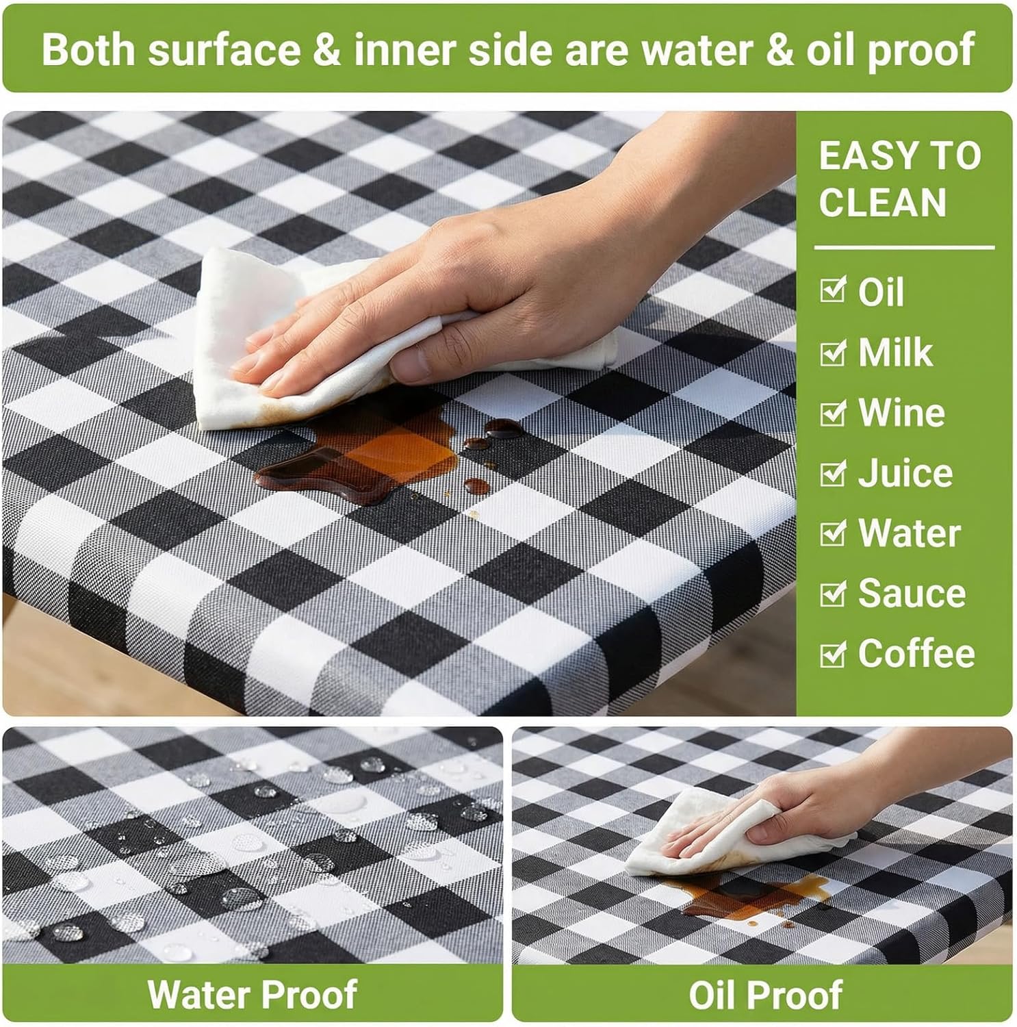 Velway Picnic Table Cover with Bench Covers, Camping Essentials Waterproof Elastic Fitted Tablecloth for 6FT Rectangle Tables, Outdoor Washable Buffalo Plaid Table Cover Set (Black & White, 30×72")