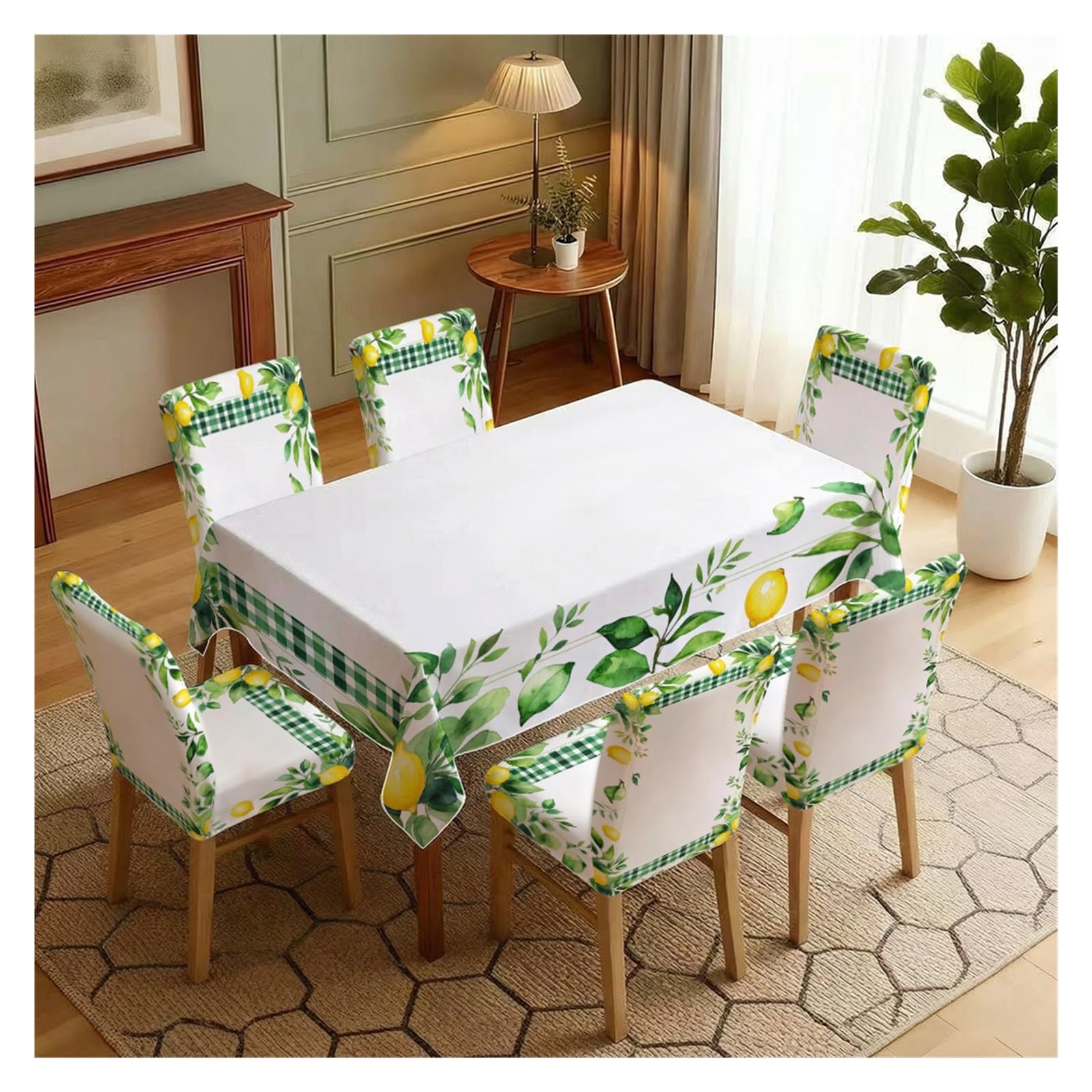 BOSUYBN Watercolor Lemon Green Leaf Gingham Border Printed Dining Tablecloth & Chair Covers Set, 5/7 Piece Fresh Farmhouse Summer Kitchen Decor Table Setting(7pcs Set: Tablecloth+Chair Covers)