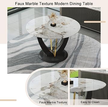 JUFU 7-Piece 48 Round Faux Marble Dining Table Set for 6, Black PU Chairs