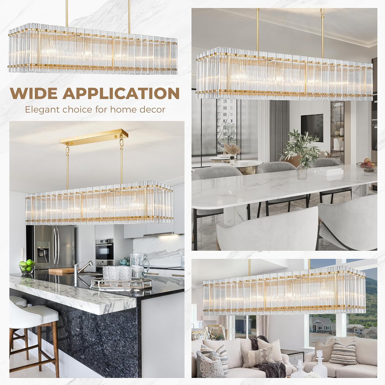 IKK Modern Rectangle Gold Chandeliers for Dining Room, 40" Ribbed Glass Island Light Fixture, Linear Farmhouse Lighting with Adjustable Height for Kitchen Island, Living Room