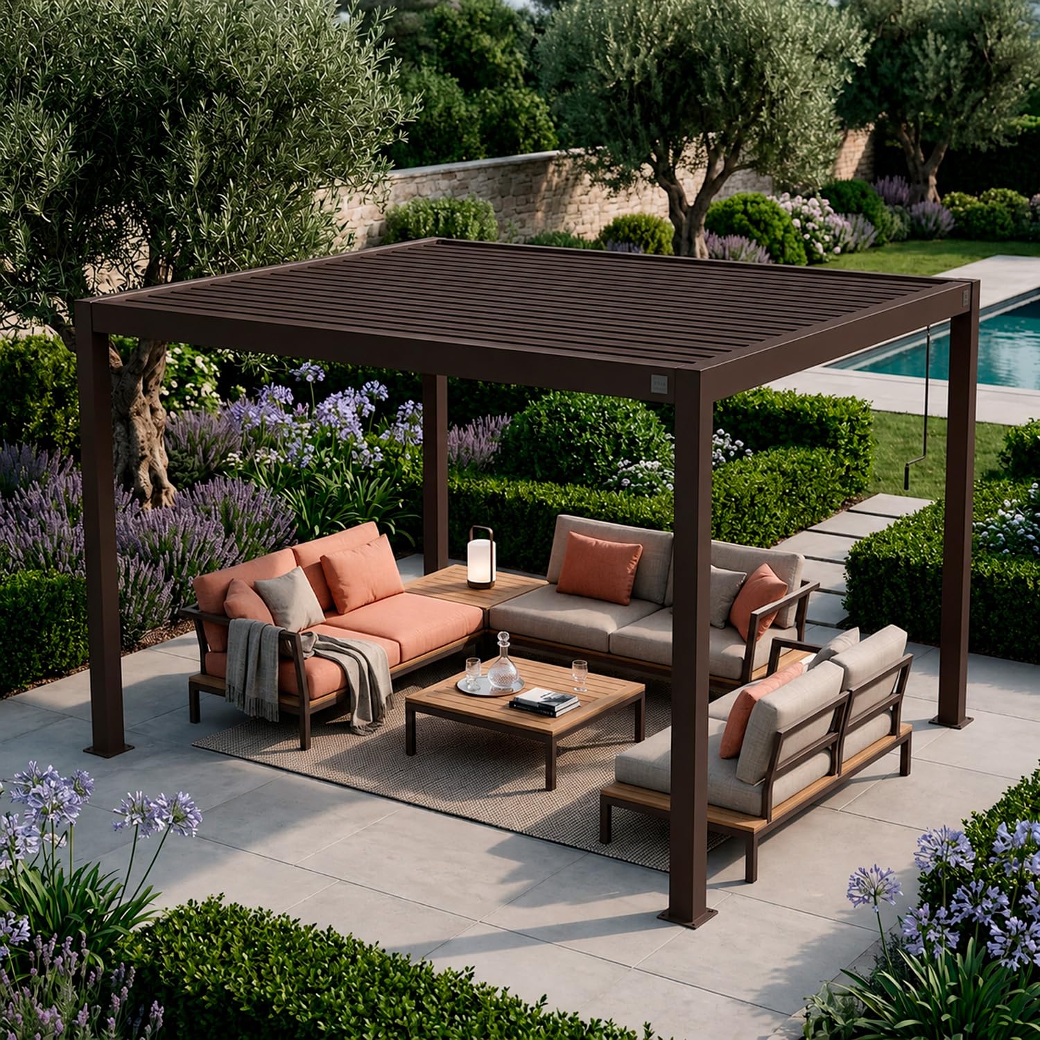 Pergola Bioclimatica 3x4 Metri Gazebo Con Copertura A Lamelle Orientabili Sistema Di Drenaggio Struttura In Alluminio E Acciaio Anti UV Per Giardino Terrazza E Piscina Marrone Opaco