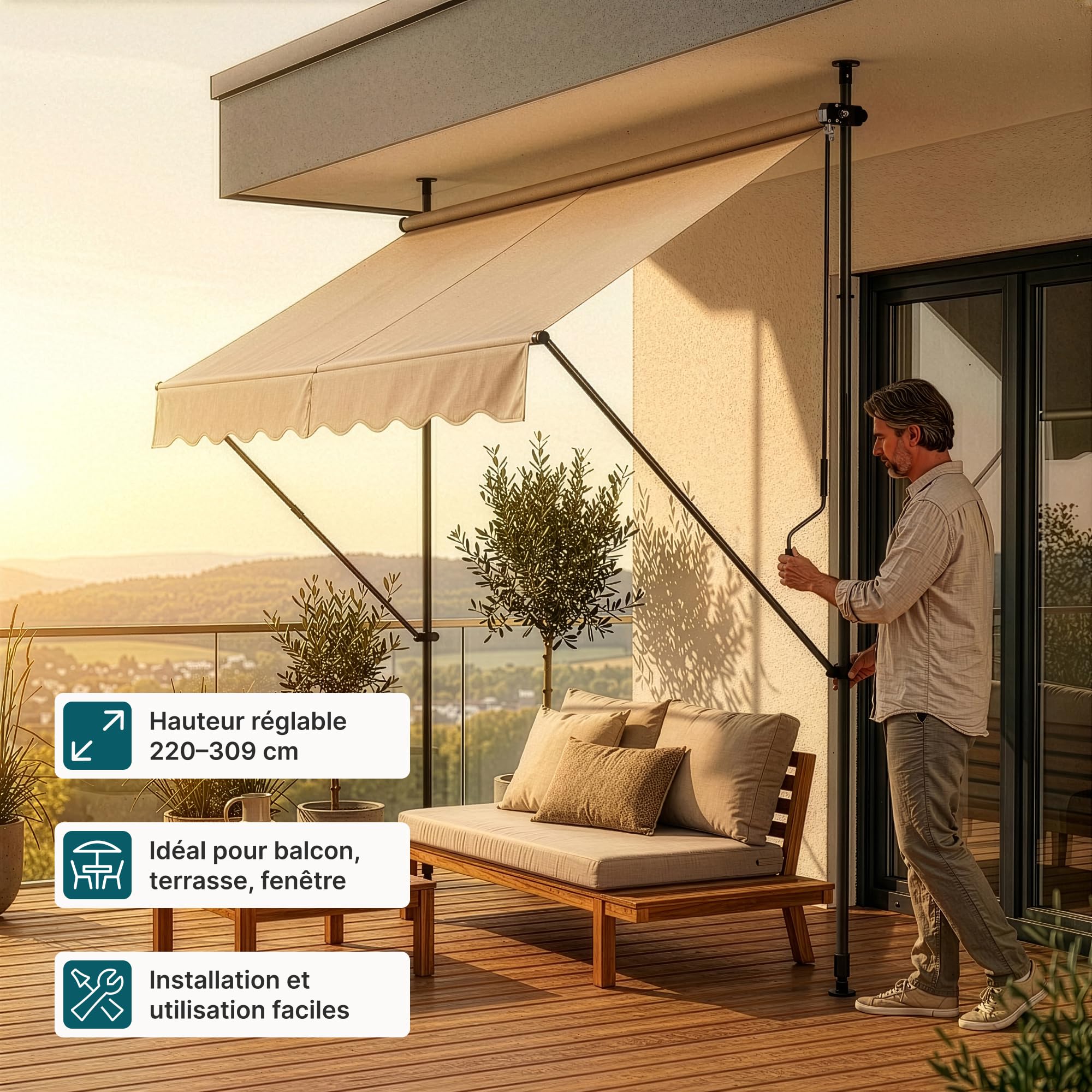 pro.tec Store Banne Manuel Rétractable pour Terrasse Marquise Soleil de Balcon Auvent Téléscopique Hauteur et Inclinaison Réglable sans Perçage Acier Polyester 150 x 120 x 220-309 cm Sable
