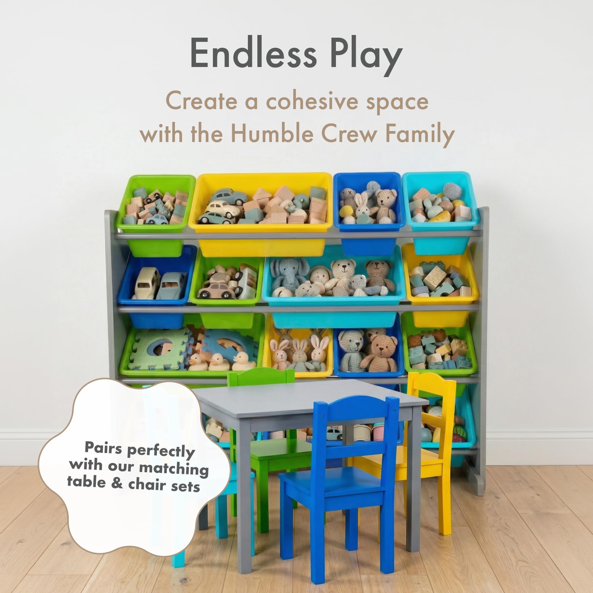 Humble Crew Organizer Giocattoli Bambini: 16 Scomparti Vivaci Grigio/Blu/Verde/Giallo, Design Moderno, Ideale per Camerette Allegre e Ordinate