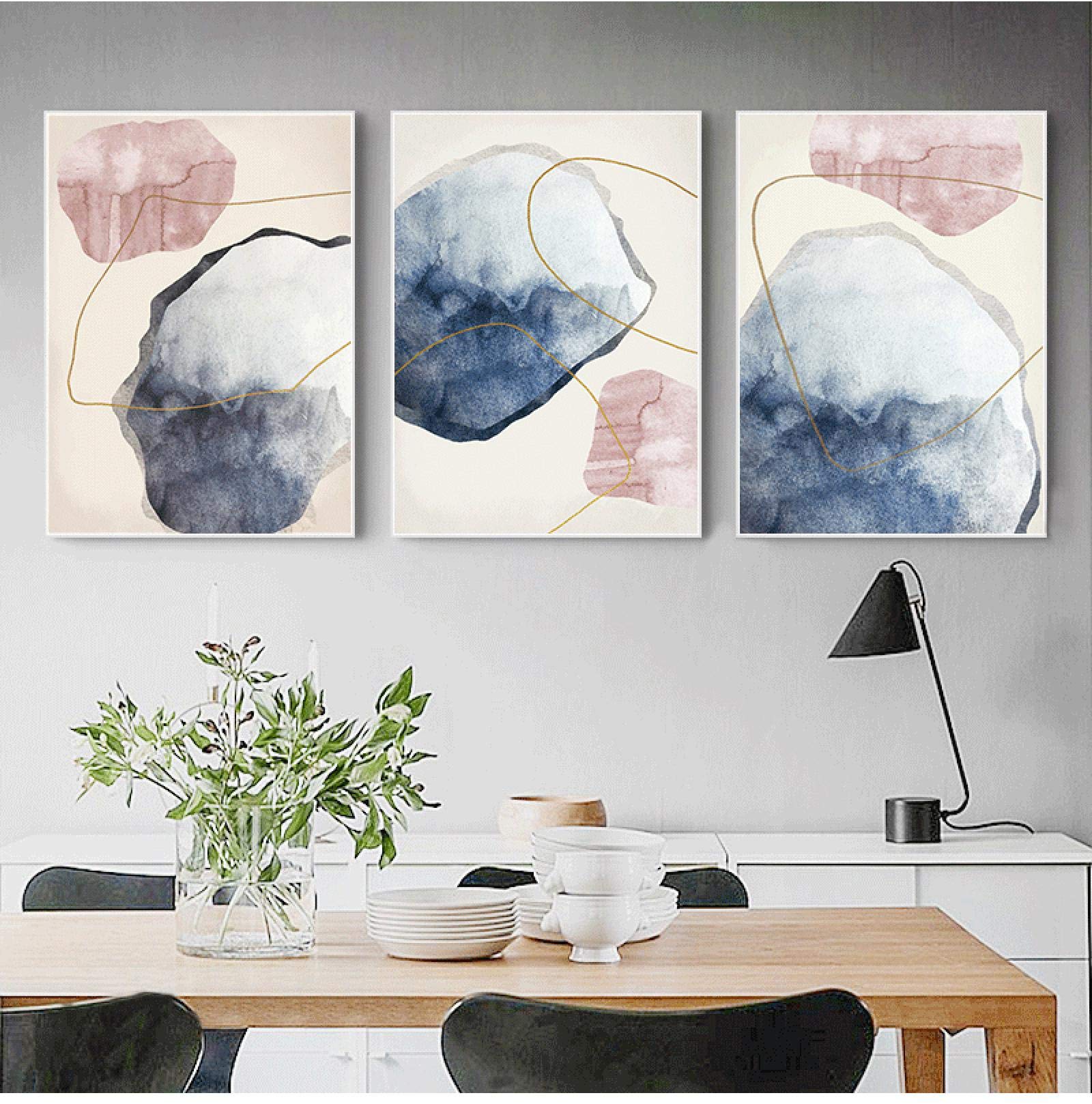 Toile murale pour salon moderne triptyque abstrait bleu or scandinave - 8