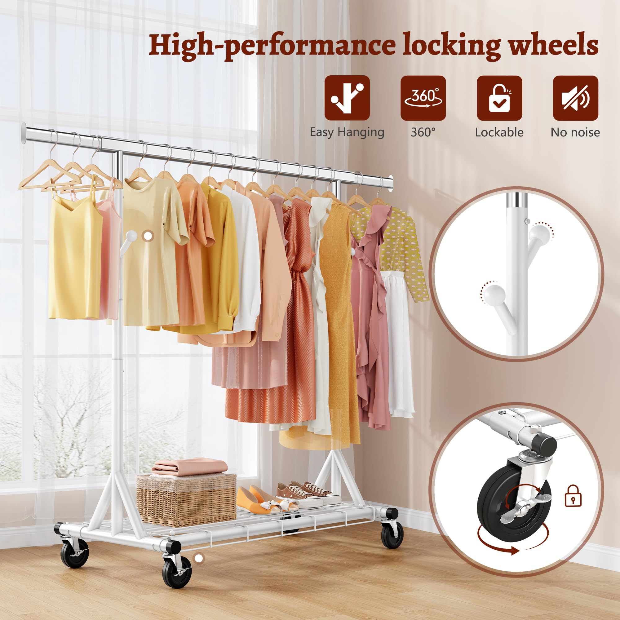 FAVOOSTY Perchero de ropa resistente, Extensible y ajustable, Perchero con ruedas y estantes bloqueables para dormitorio, Sala de estar, Hasta 150 kg, Blanco