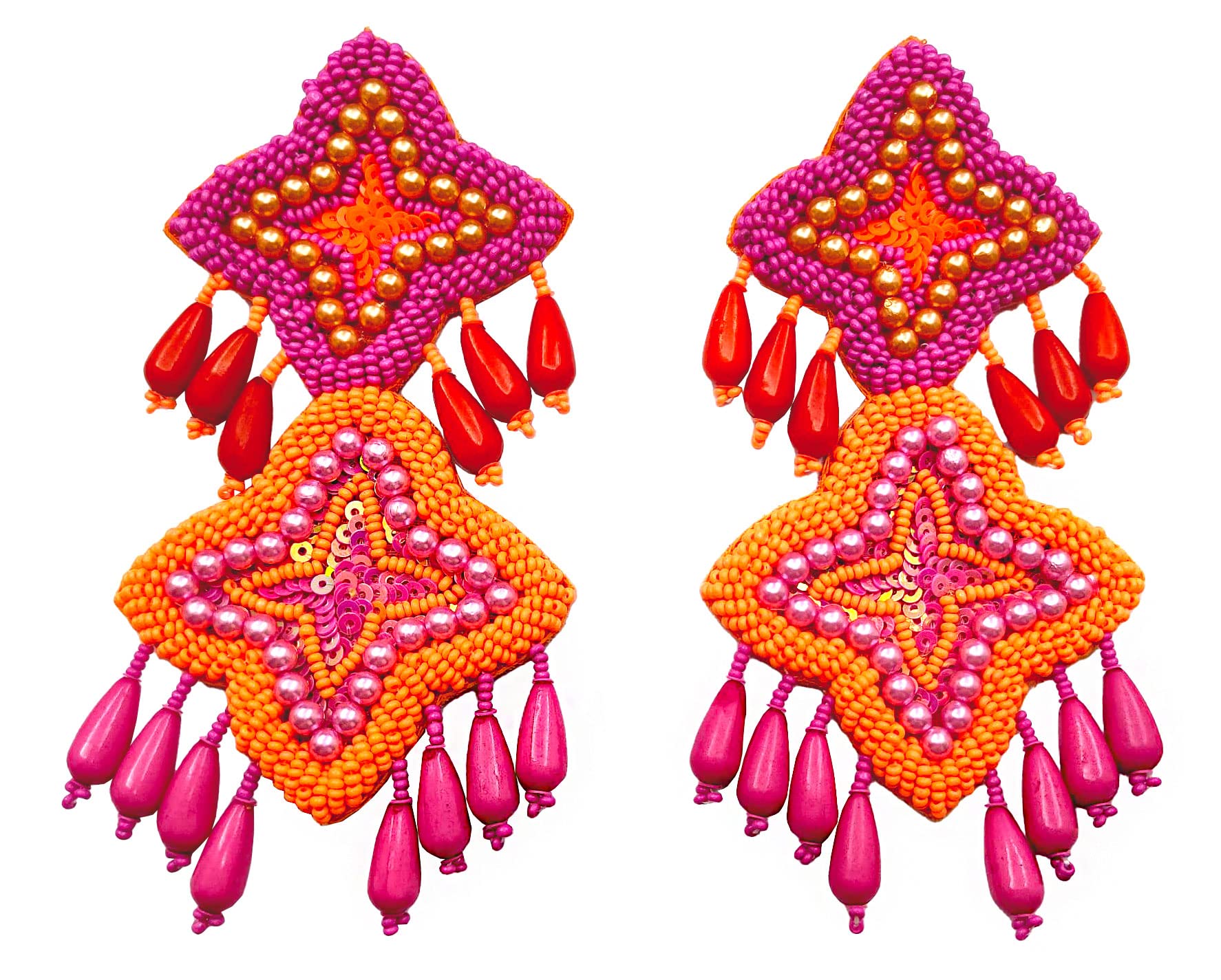 Fuschianet Accessories Lightweight Boho Seed Beads Sequins Double Rhombus Earrings for Women and Girls (Neon Pink Orange) (B0BS1PWD3B) Amazon Price History, Amazon Price Tracker