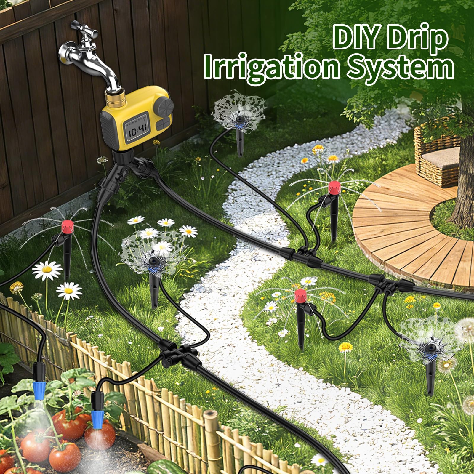 Kit de sistema de riego automático, 80 piezas, tubos de 25 m + 25 m, 3 tipos de aspersores para jardín, césped, patio y riego por goteo