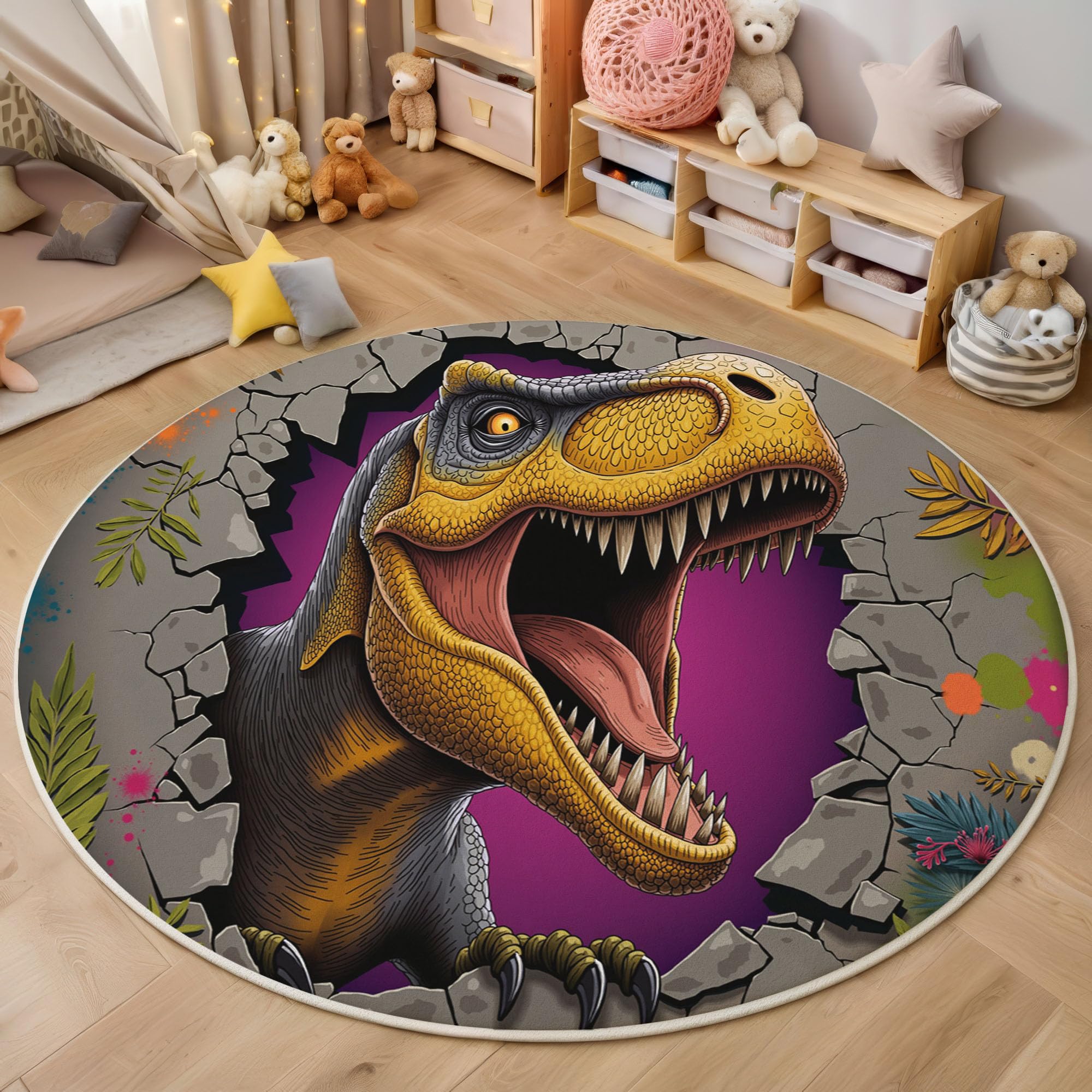 Fantasy Tierwelt Rund Teppich Waschbarer, 120cm Runder Wohnzimmer Schlafzimmer rutschfest Carpet, Flanell Dinosaurier Die Die Mauer Durchbrechen Küchenteppich, Weicher Kreis Senfgelb Teppich