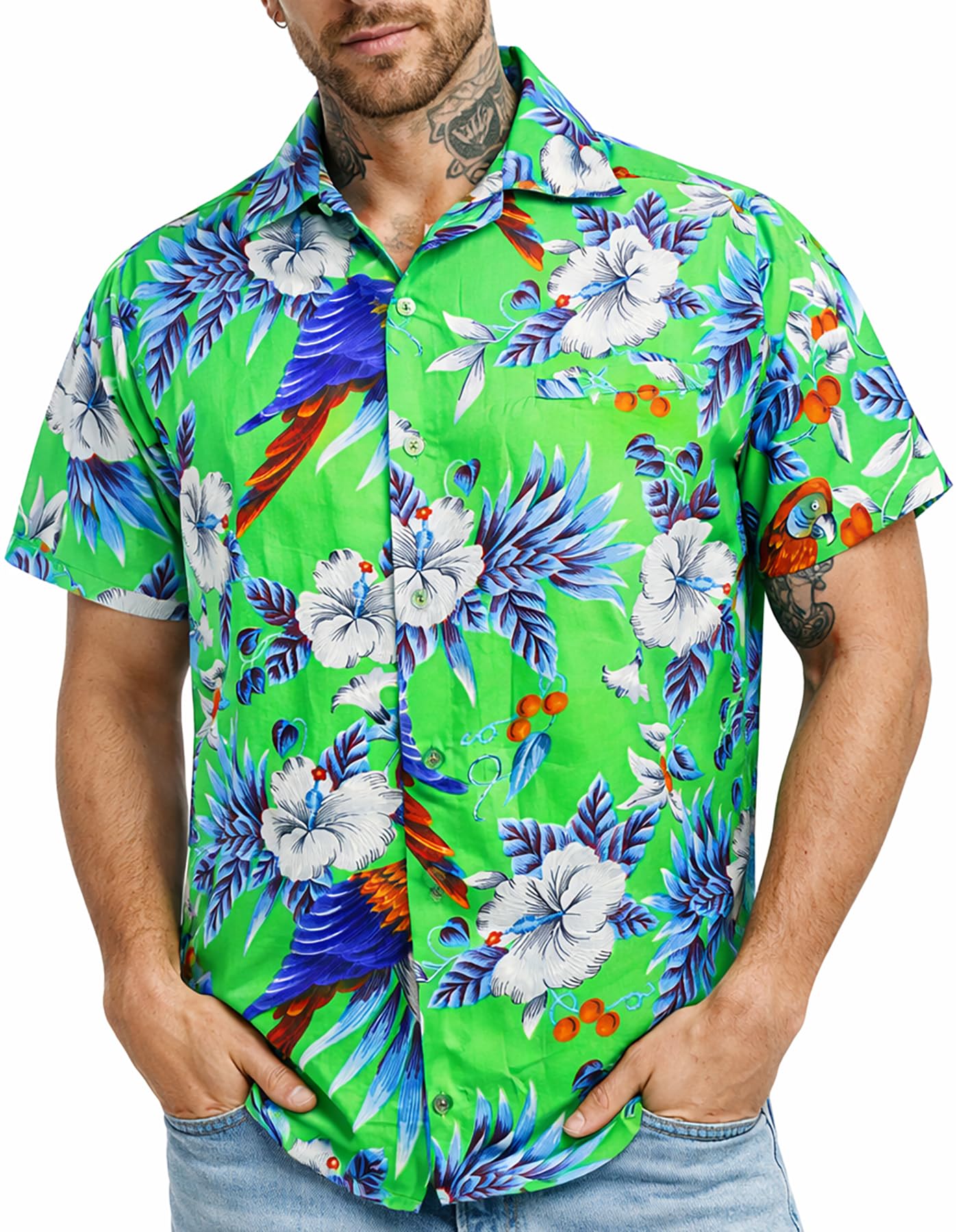 King Kameha Men's Lemon Green - Cherryparrot Hawaiian Shirt For – Tropical ’S Hawaiian Shirt Short Sleeve, Cherryparrot, Lemon-Green, 4XL