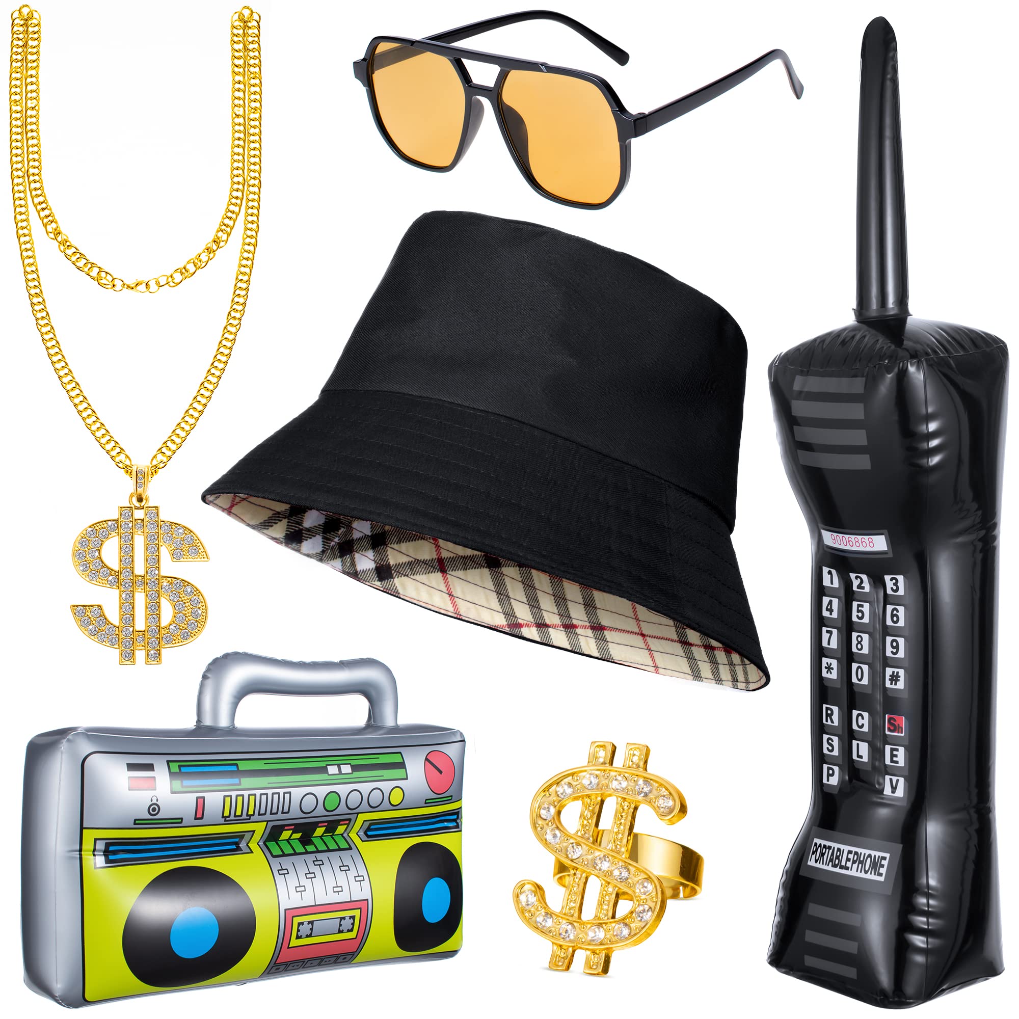 80s 90s Hip Hop Rapper Costume Kit with Hat, Sunglasses, Necklace, Ring, Inflatable Radio Boombox and Phone