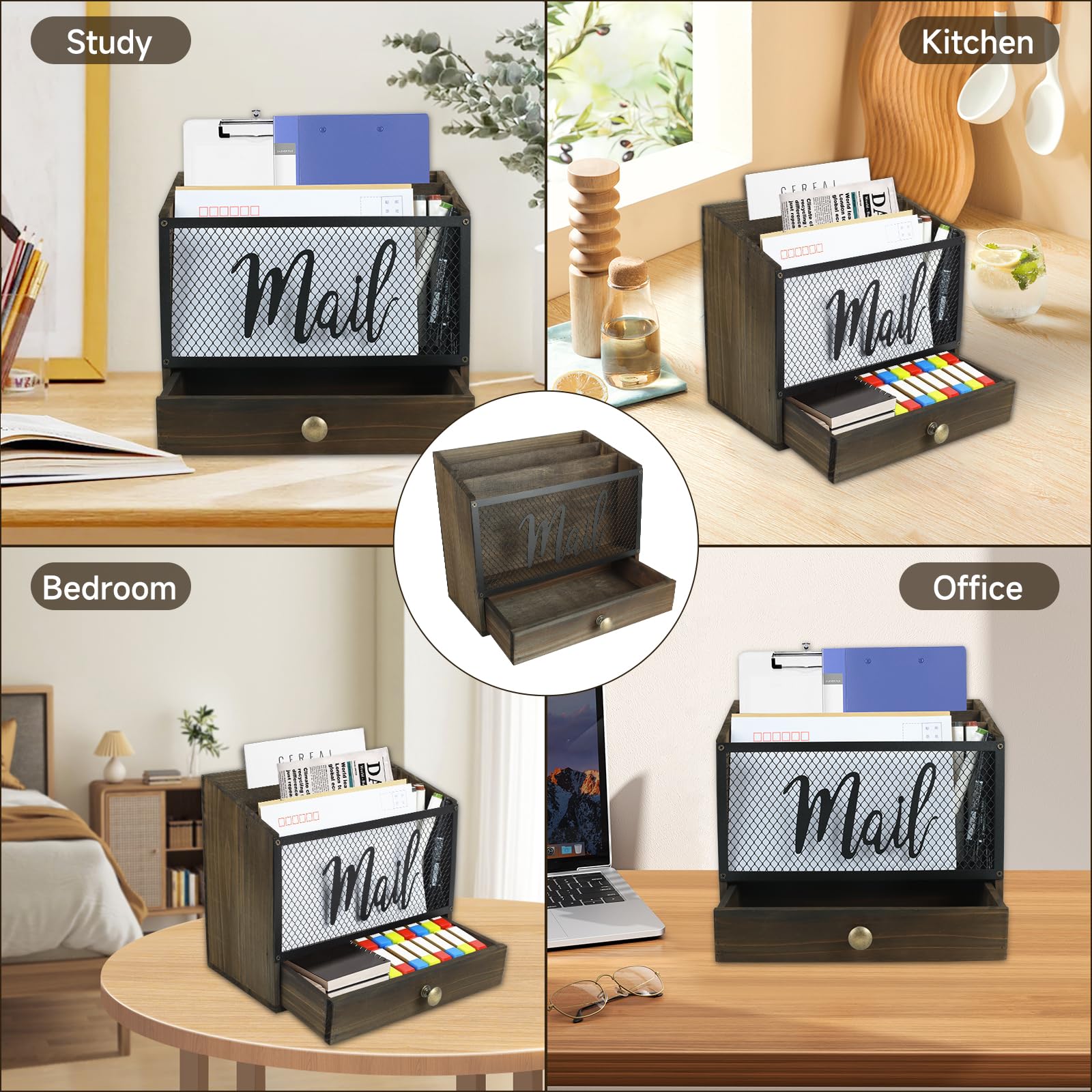 Organizzatore di Posta da Scrivania in Legno con 3 scomparti e cassetto, Organizzatore per Cartelle di Carta e Lettere, Organizer per Cartelle per Scrivania per Lettere Cancelleria, Marrone