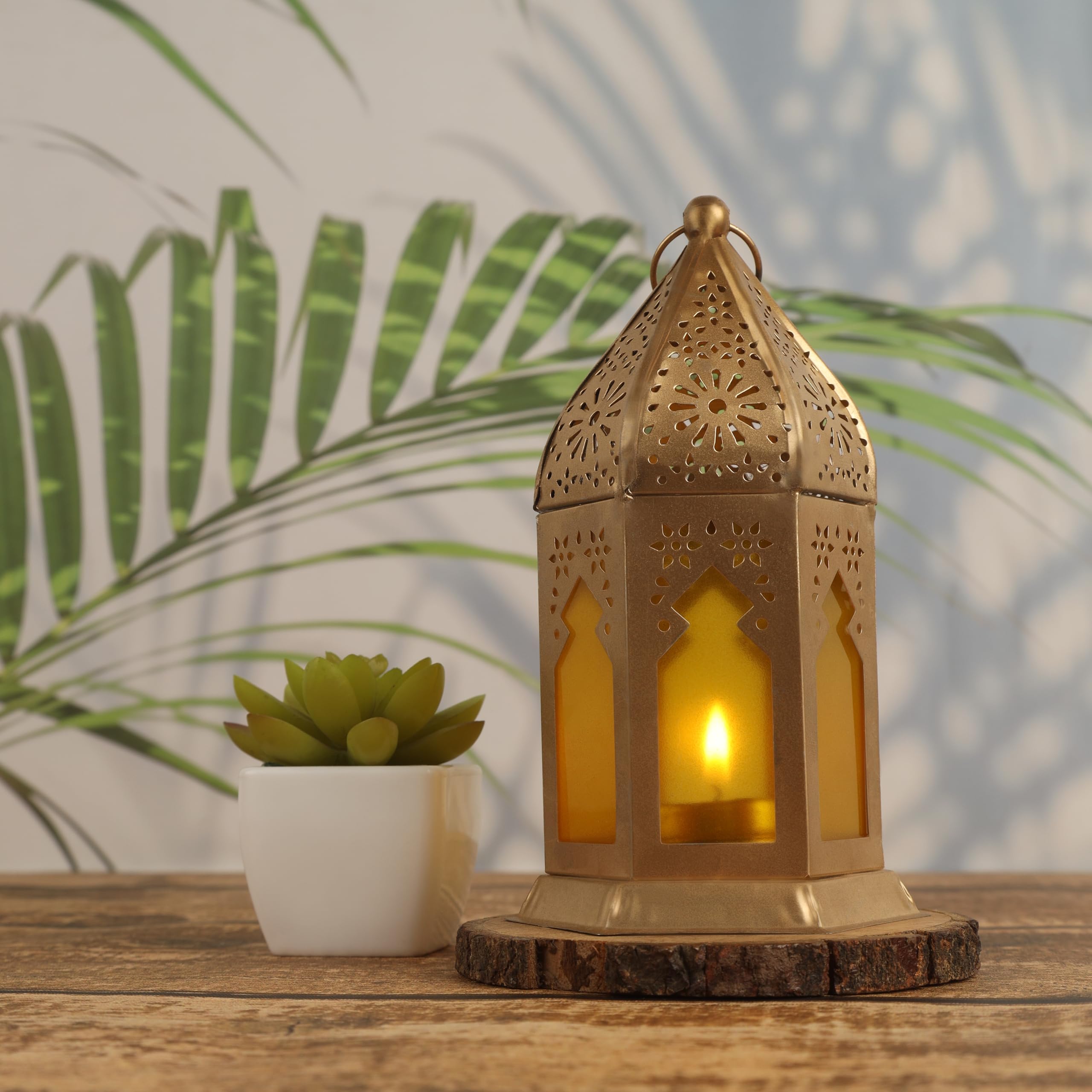 Decmart Tealight Candle Holder Lantern Moroccan Lights Lamp Gold/Yellow Color Metal Iron Lantern Tea Light Holders for Home/Hanging T-Light Holders for Diwali Decoration with Candle Free
