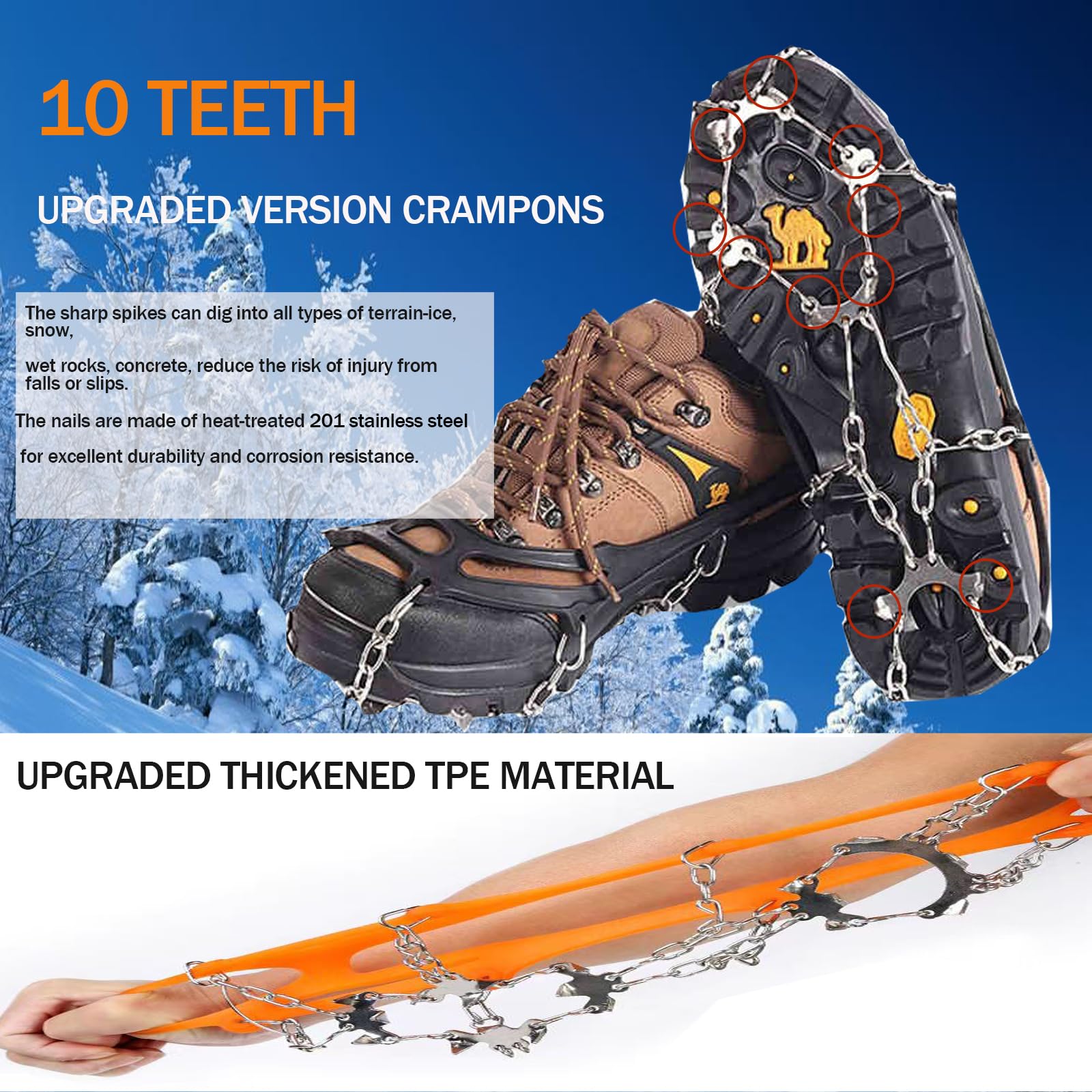Rampini per Scarpe Tacchetti da Ghiaccio 19 Denti Ramponi per Scarponi Catene Antiscivolo per Trekking, Camminare, Passeggiate, Arrampicate e Attività all'aperto