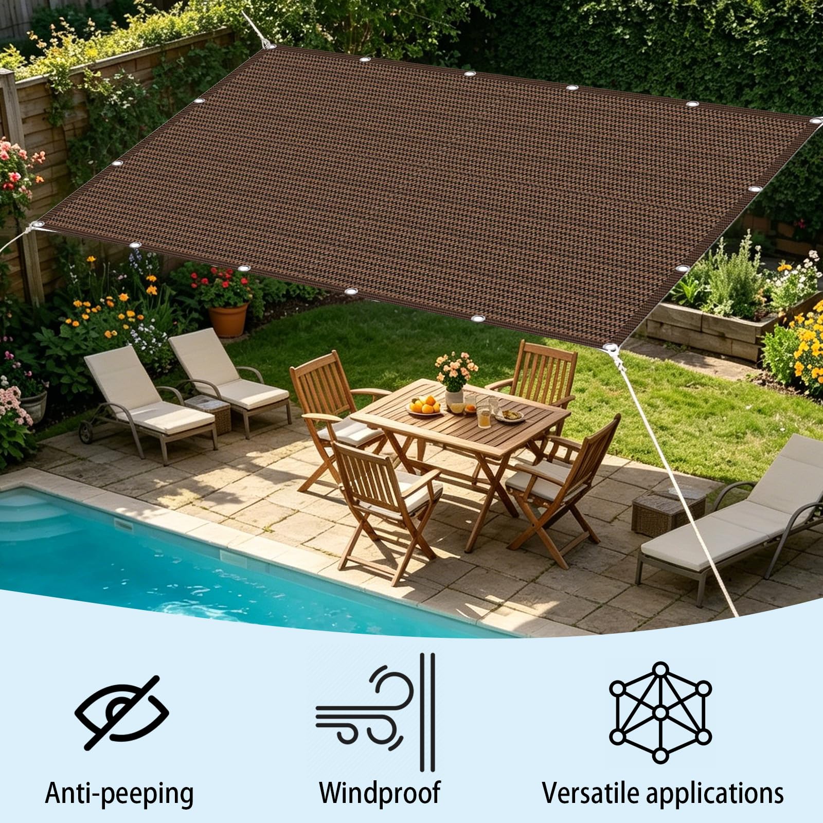 Vela Parasole 1.5 x 3 m in Tessuto Hdpe, Permeabile All'Aria e All'Acqua, Telo Ombreggiante Occhiellato Tenda da Sole Traspirante Rettangolare per Serra Cortile, Marrone