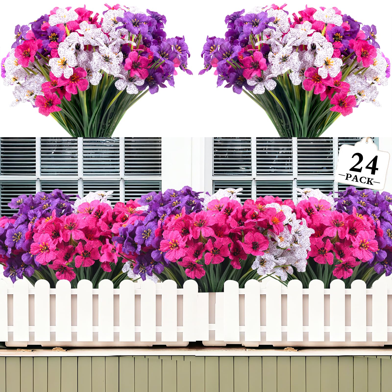 Kradeler White Rose Purple 24 Bundles Artificial Flowers For Outdoor,No Fade Fake Plastic Faux Silk Flowers Uv Resistant Greenery Shrubs Plants For Outside Garden Porch Hanging Planters Decor(White Rose Purple)